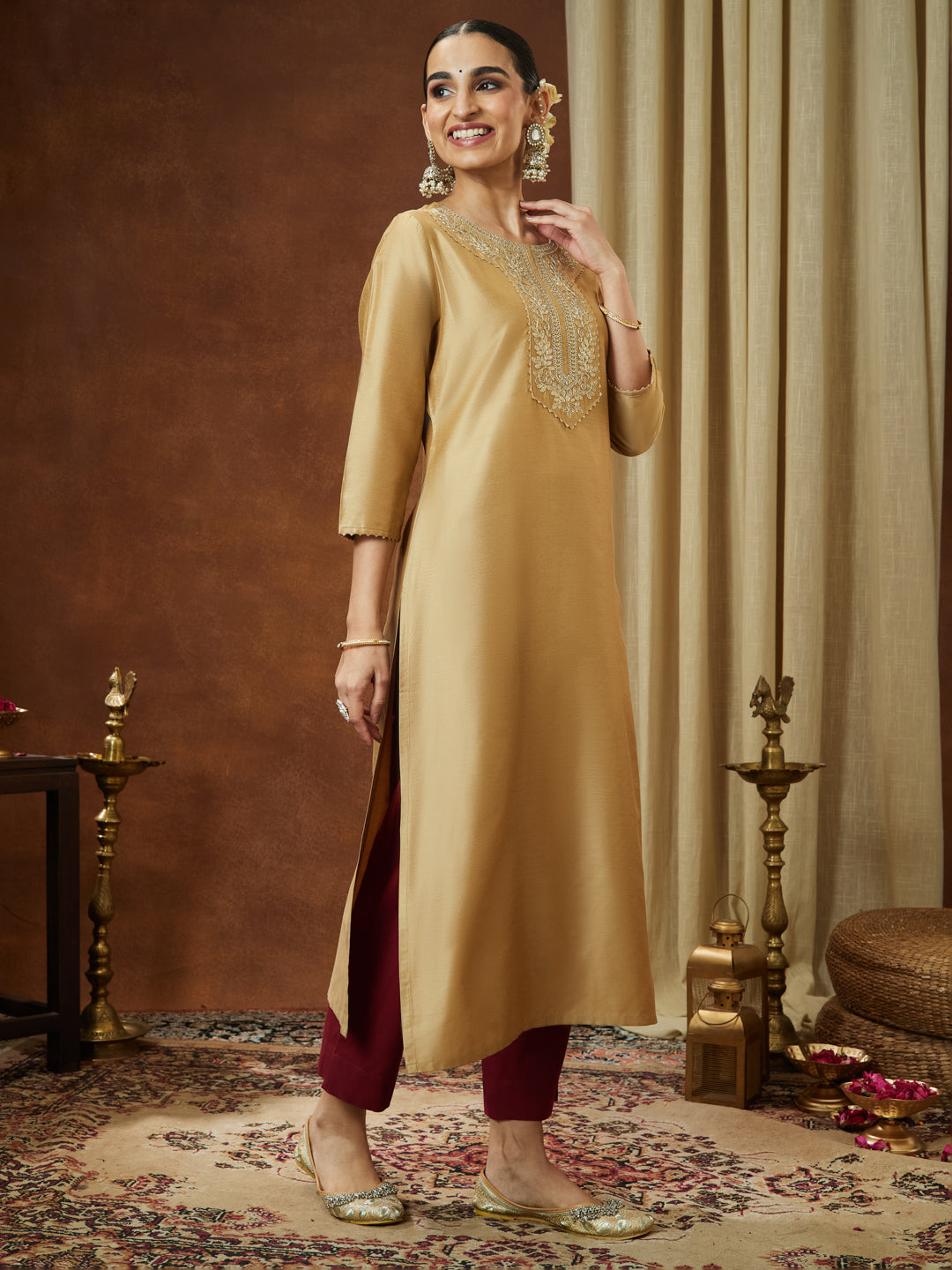 Janasya Women's Beige Chanderi Silk Zari Yoke Embroidered Straight Kurta - qivii