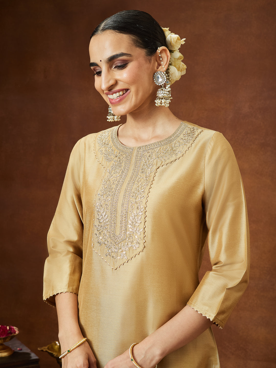 Janasya Women's Beige Chanderi Silk Zari Yoke Embroidered Straight Kurta - qivii