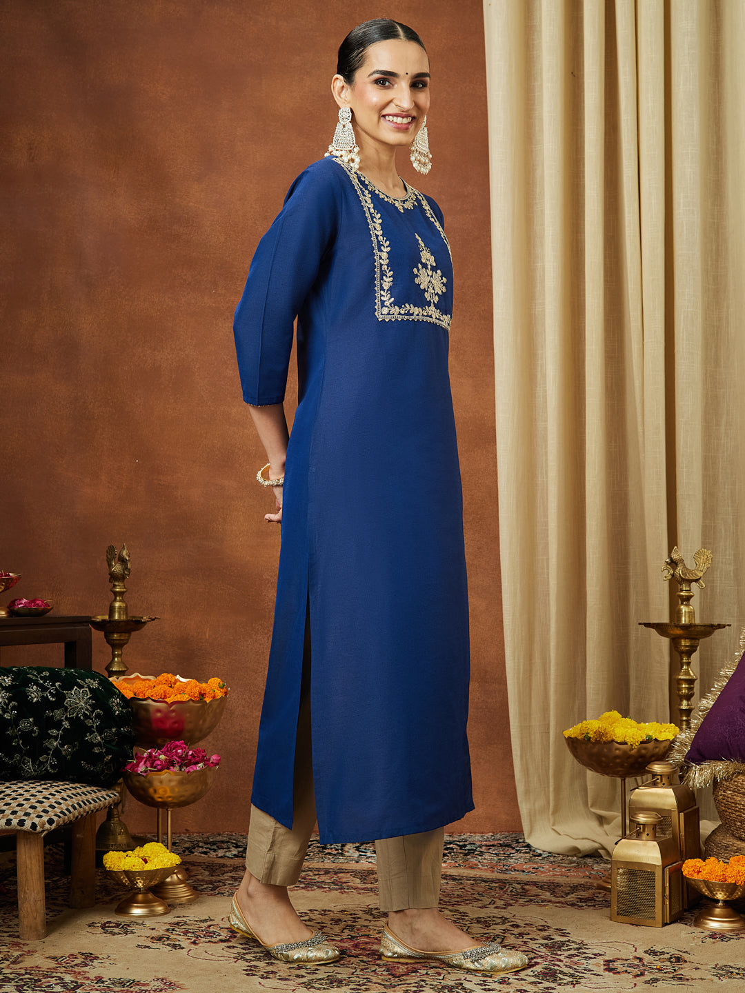 Janasya Women's Navy Blue Chanderi Silk Zari Yoke Embroidered Straight Kurta