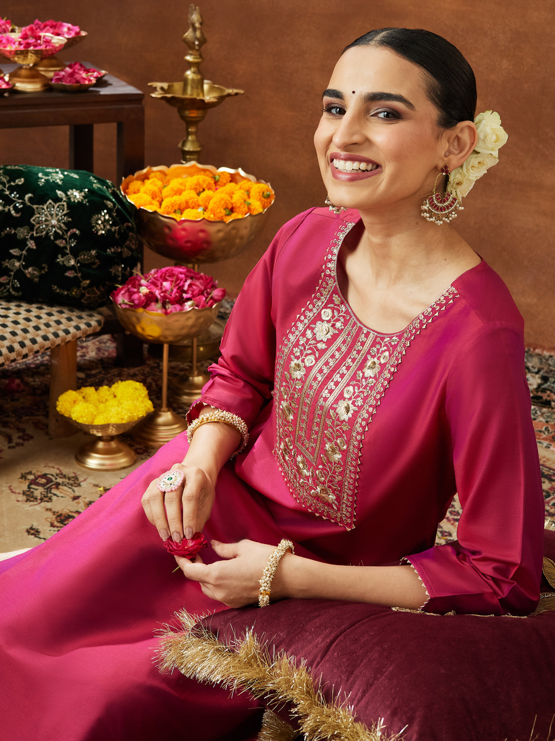 Janasya Women's Pink Chanderi Silk Zari Yoke Embroidered Straight Kurta - qivii