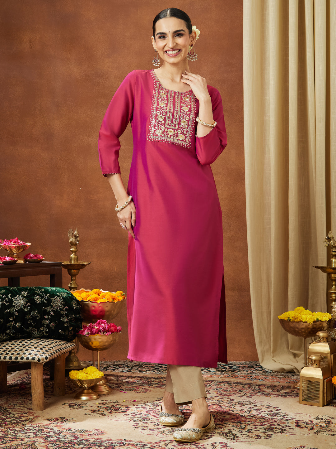 Janasya Women's Pink Chanderi Silk Zari Yoke Embroidered Straight Kurta - qivii