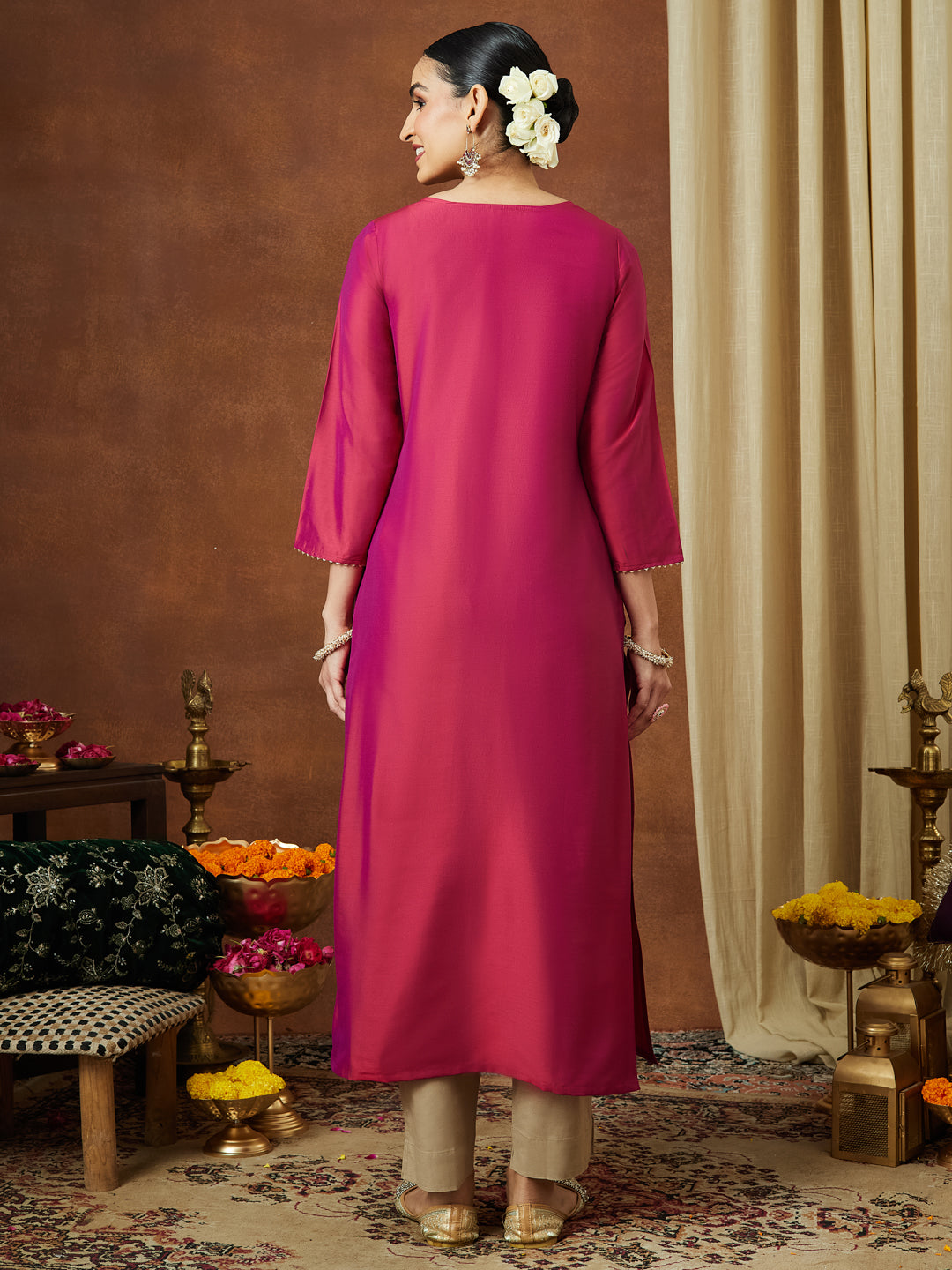 Janasya Women's Pink Chanderi Silk Zari Yoke Embroidered Straight Kurta - qivii