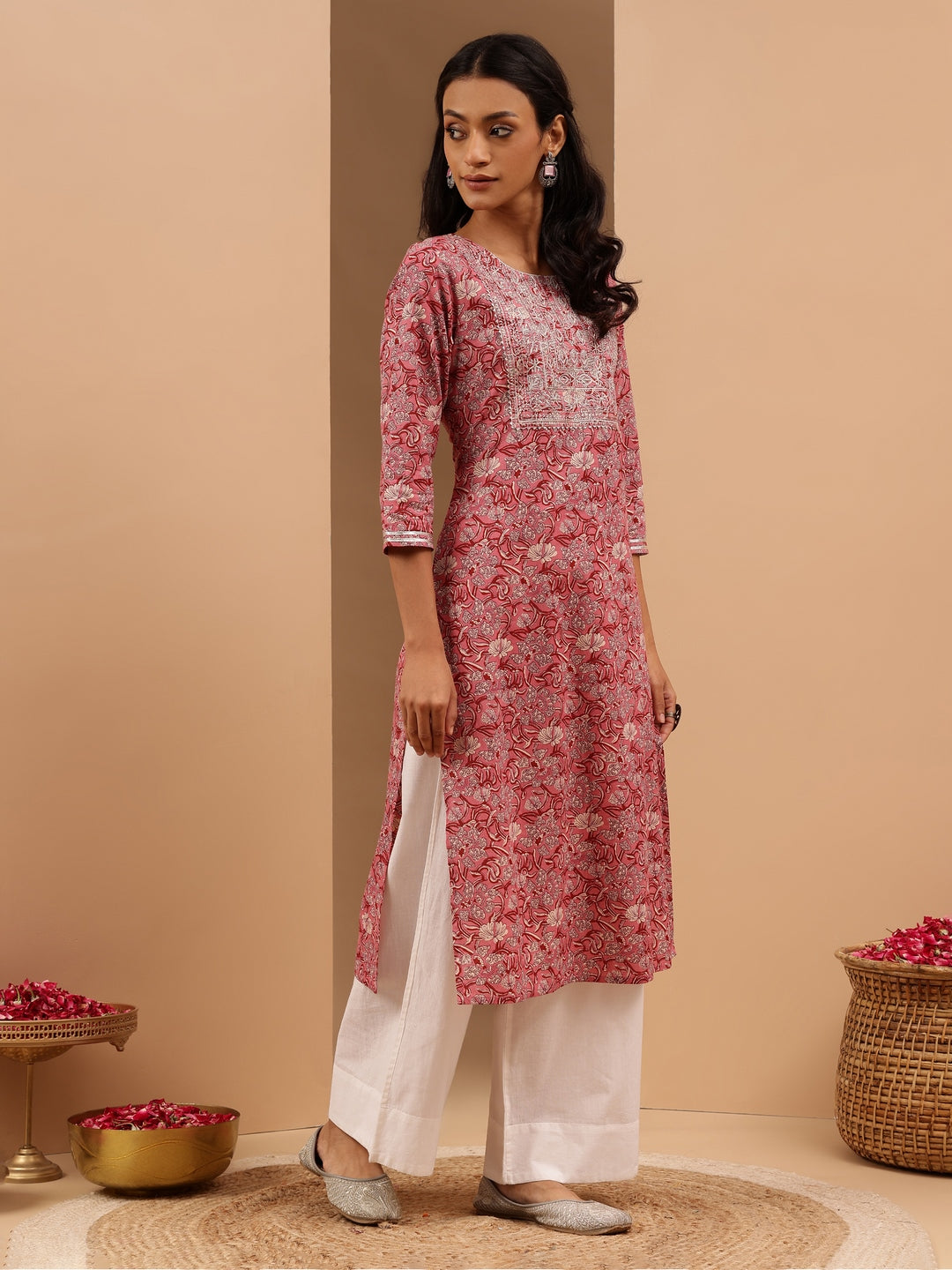 Janasya Women's Pink Pure Cotton Yoke Embroidered Straight Kurta - qivii