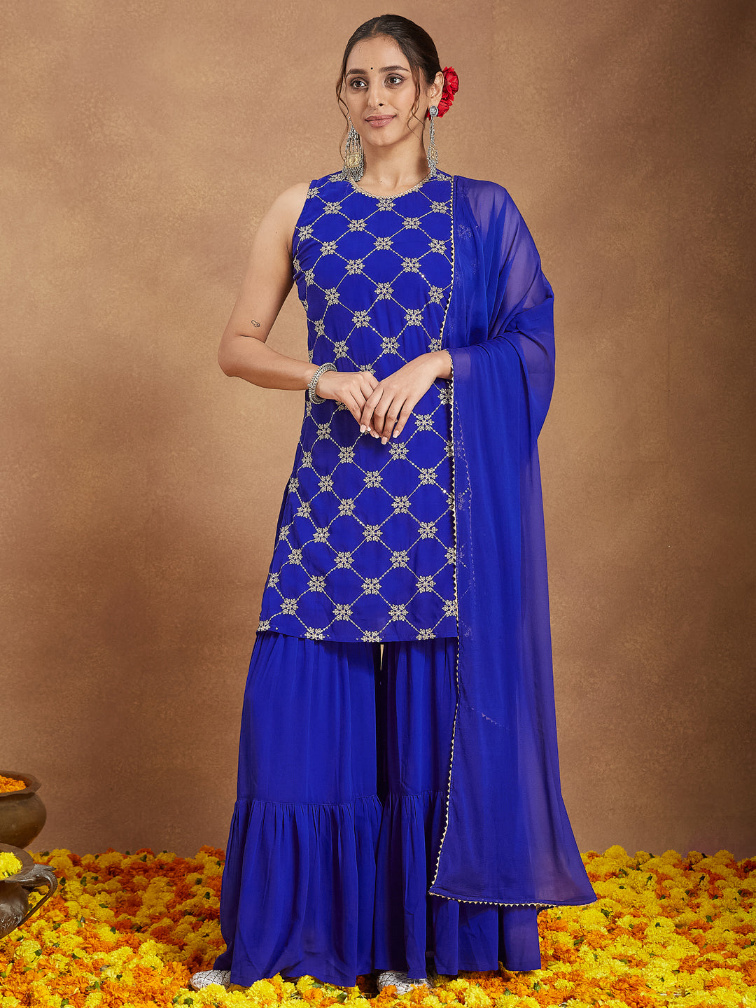 Janasya Women's Royal Blue Georgette Zari Embroidered Straight Kurta With Sharara & Dupatta Set - qivii