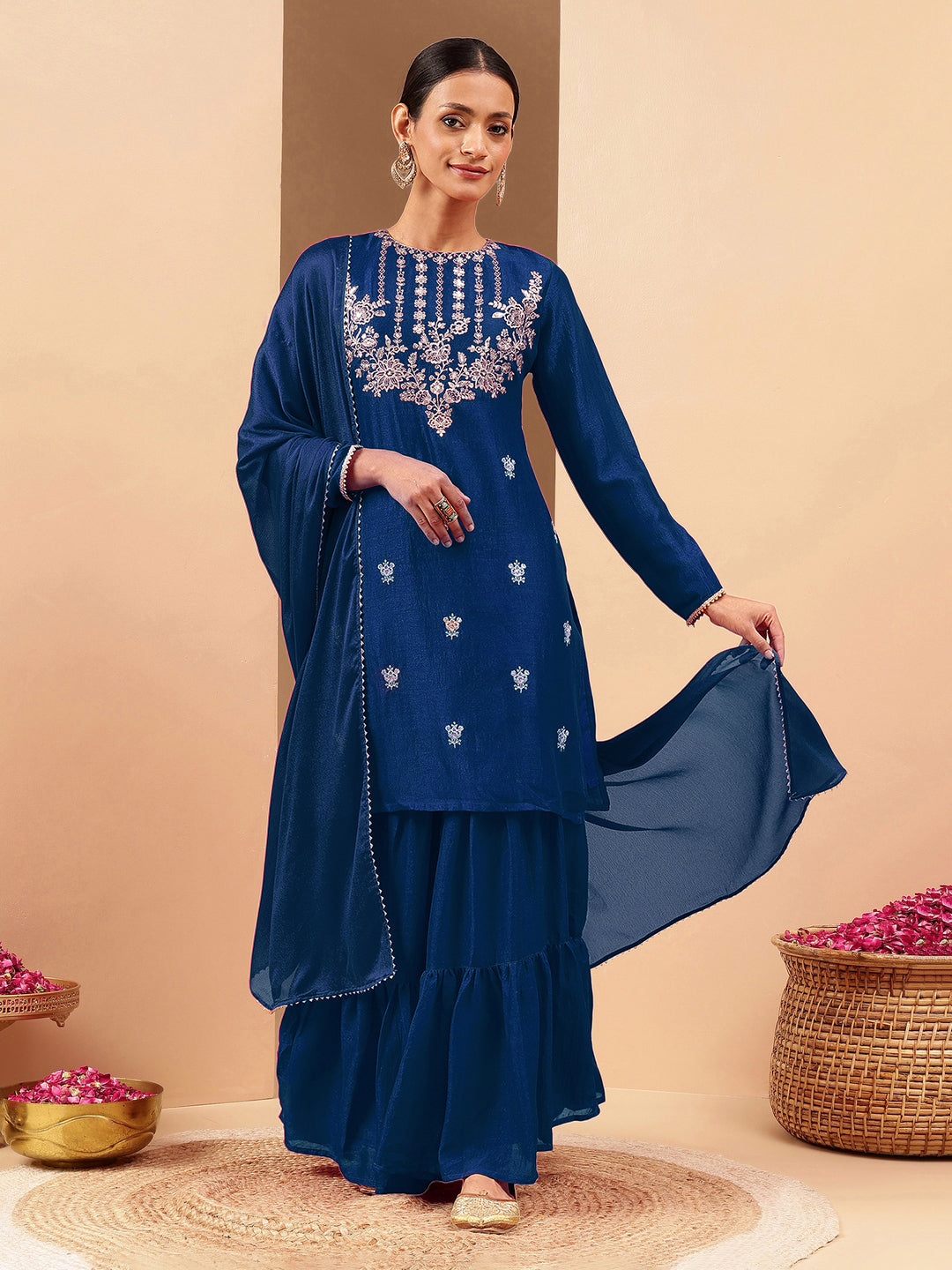 Janasya Women's Teal Blue Silk Blend Zari Embroidered Straight Kurta With Sharara & Dupatta Set - qivii