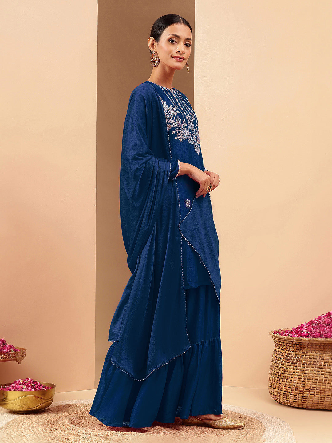 Janasya Women's Teal Blue Silk Blend Zari Embroidered Straight Kurta With Sharara & Dupatta Set - qivii