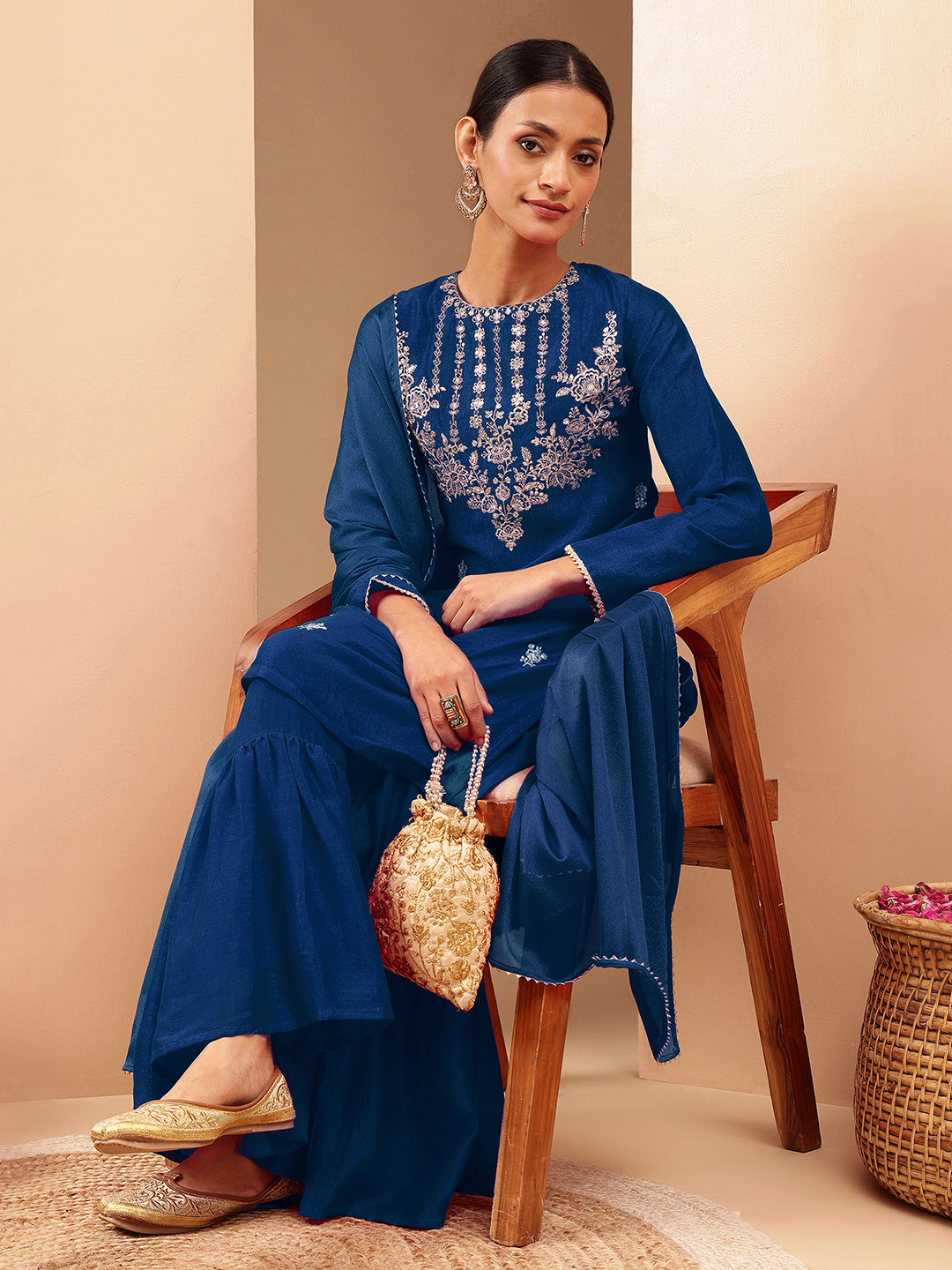 Janasya Women's Teal Blue Silk Blend Zari Embroidered Straight Kurta With Sharara & Dupatta Set - qivii