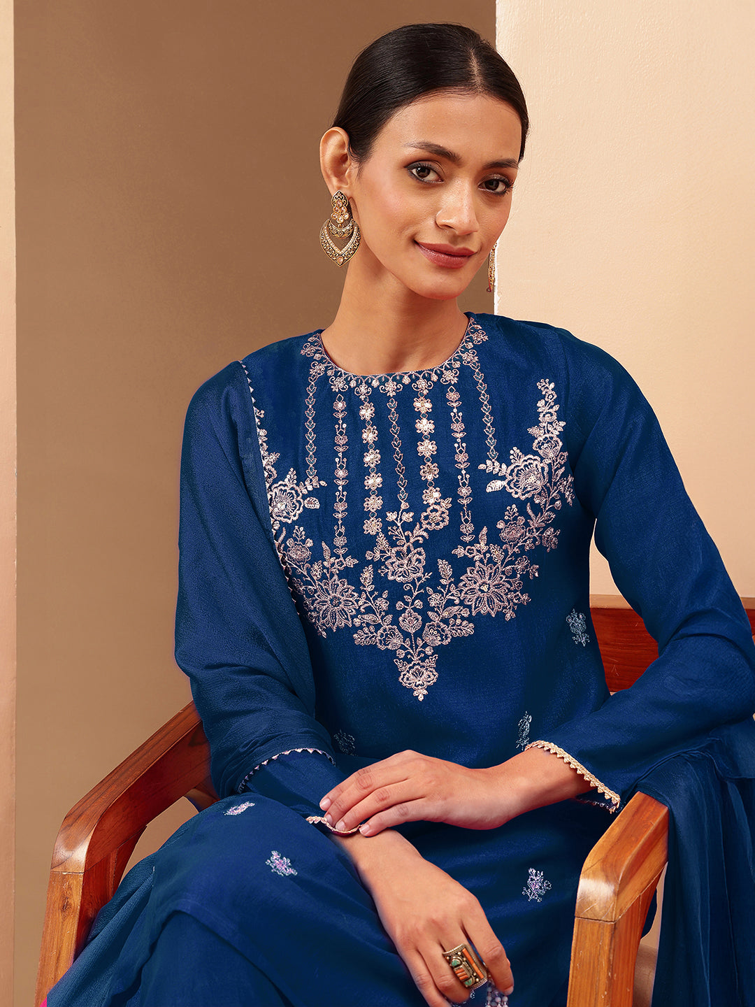 Janasya Women's Teal Blue Silk Blend Zari Embroidered Straight Kurta With Sharara & Dupatta Set - qivii