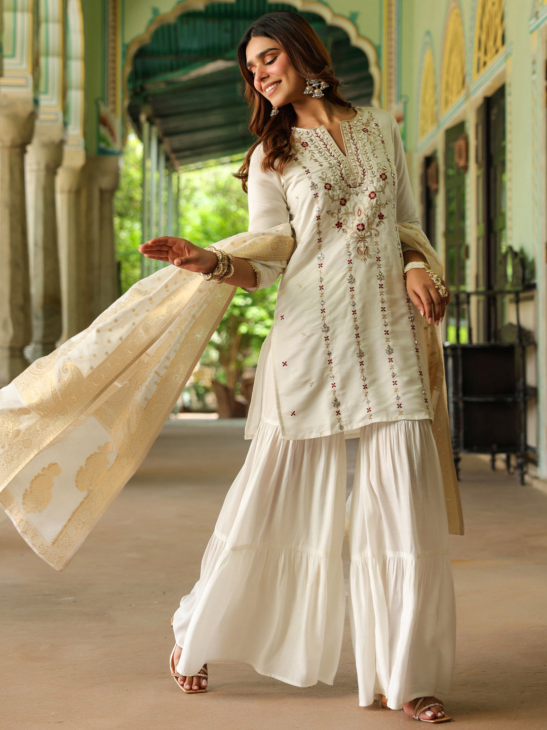 Janasya Women's Off White Chanderi Silk Embroidered Mirror Work Kurta With Sharara & Dupatta Set