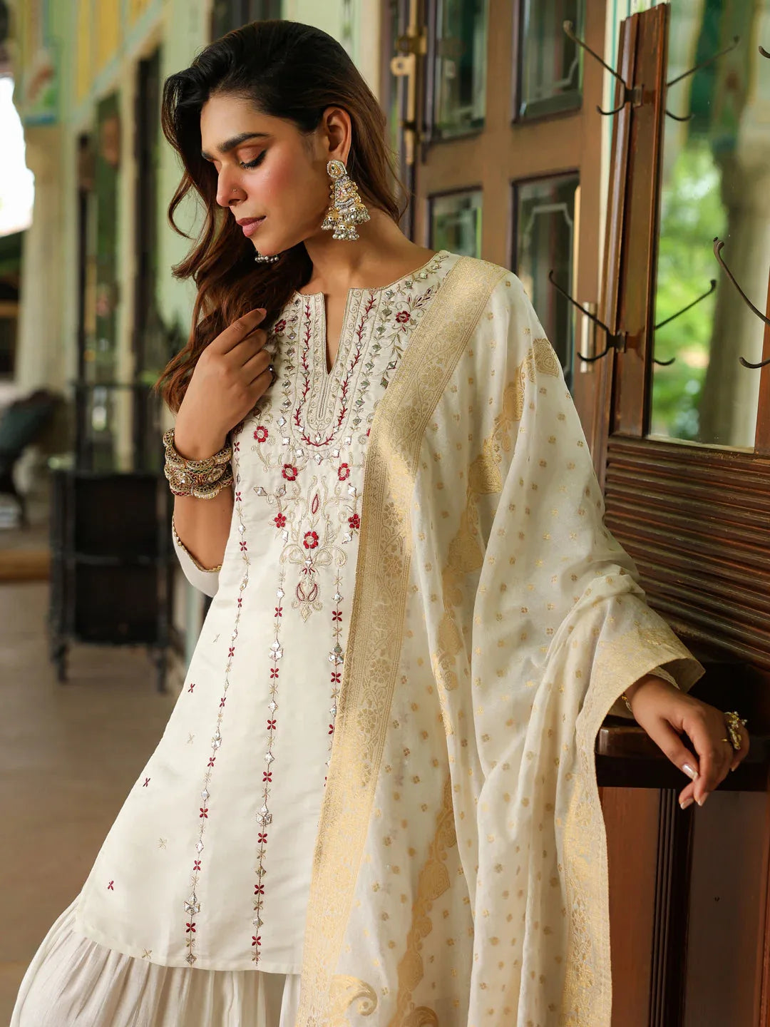 Janasya Women's Off White Chanderi Silk Embroidered Mirror Work Kurta With Sharara & Dupatta Set