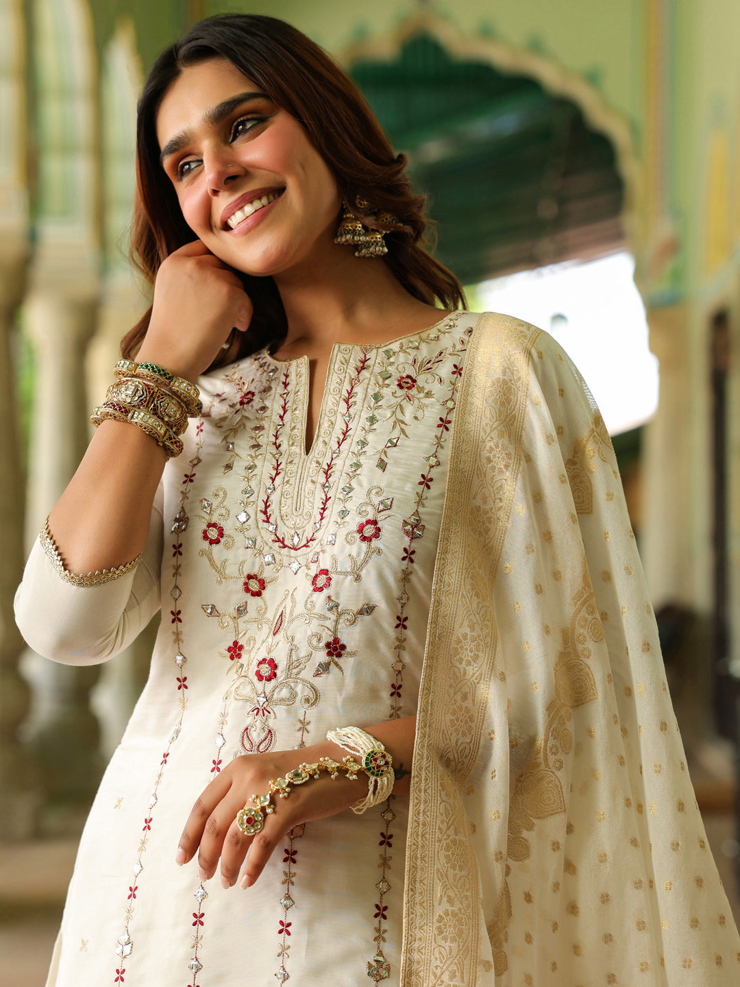 Janasya Women's Off White Chanderi Silk Embroidered Mirror Work Kurta With Sharara & Dupatta Set