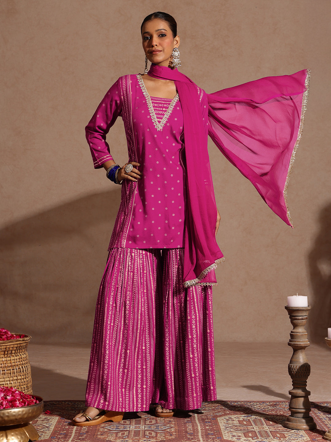 Janasya Women's Pink Rayon Gold Foil Printed Kurti With Sharara & Dupatta Set - qivii