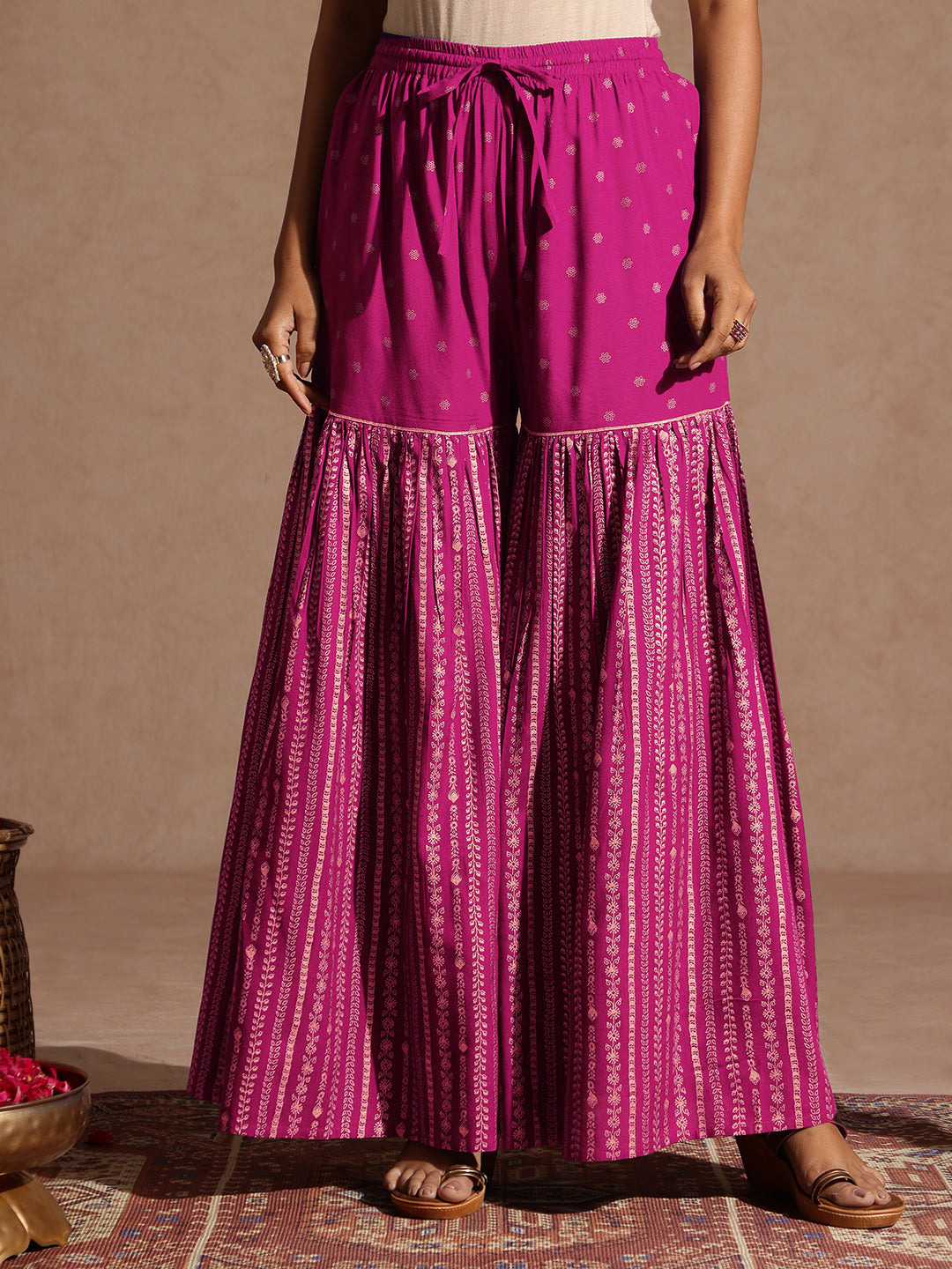 Janasya Women's Pink Rayon Gold Foil Printed Kurti With Sharara & Dupatta Set - qivii