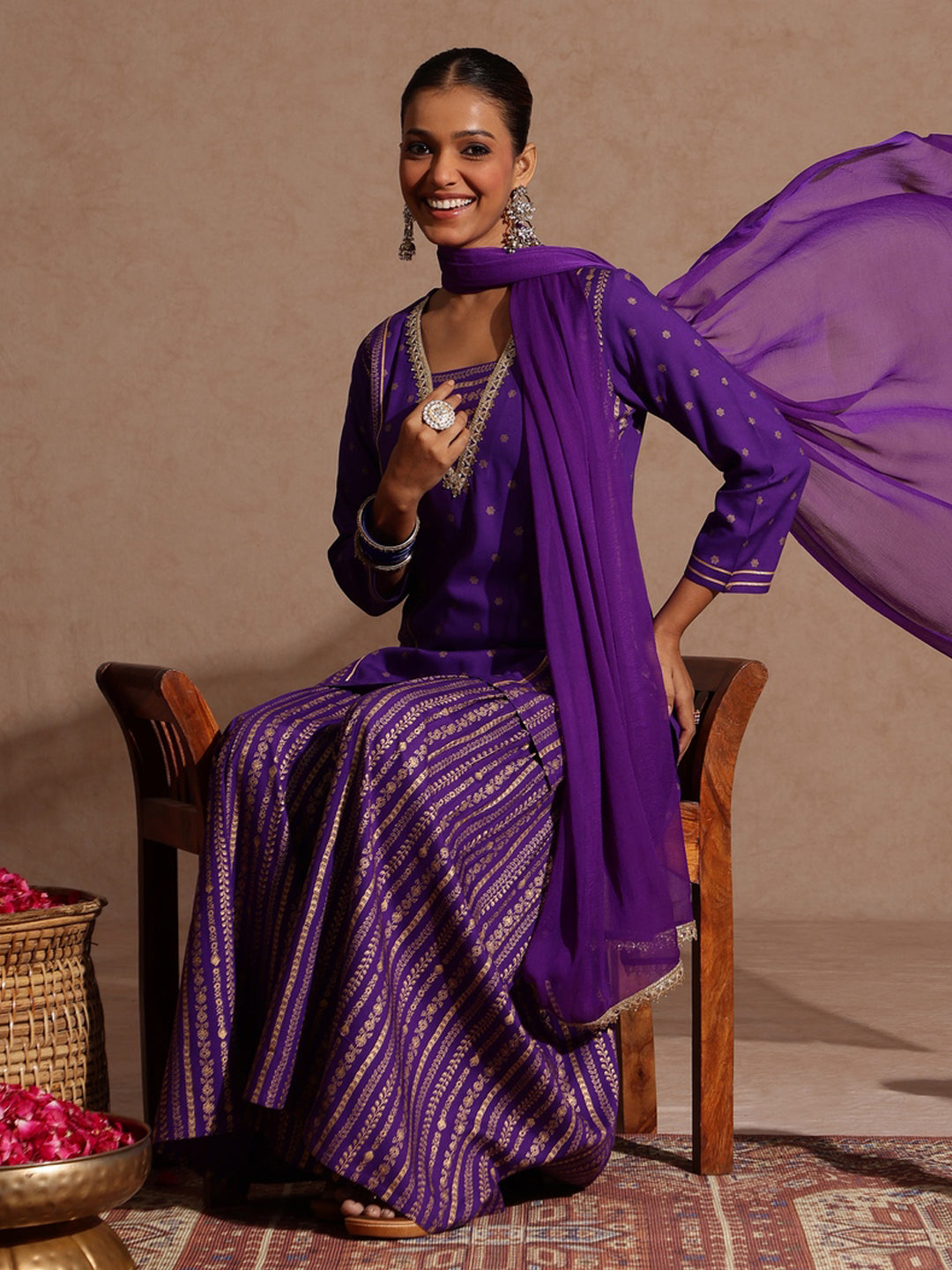 Janasya Women's Purple Rayon Gold Printed Short Kurti With Sharara & Dupatta Set - qivii