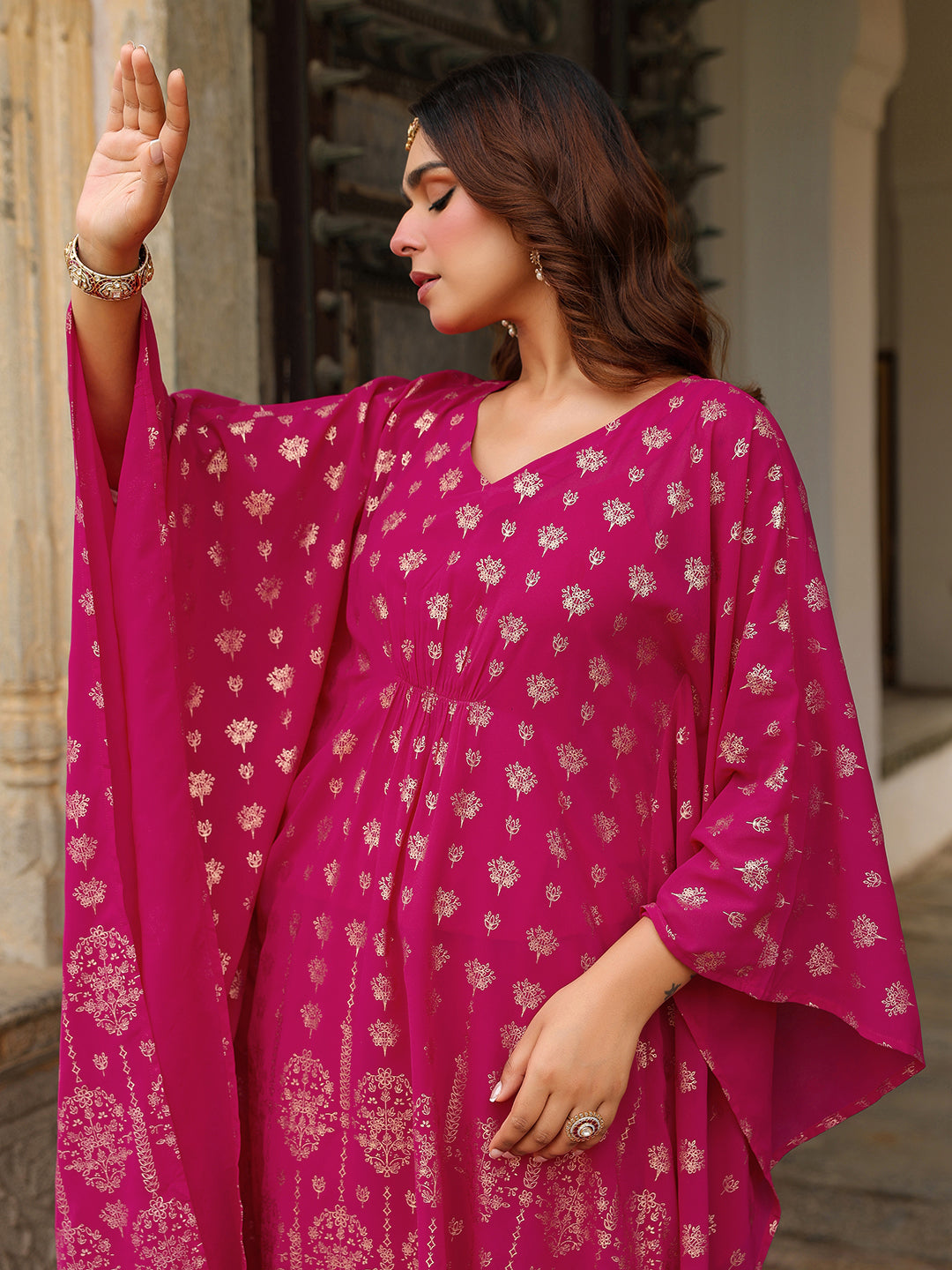 Janasya Women's Pink Georgette Foil Printed Kaftan Kurta With Palazzo Set - qivii