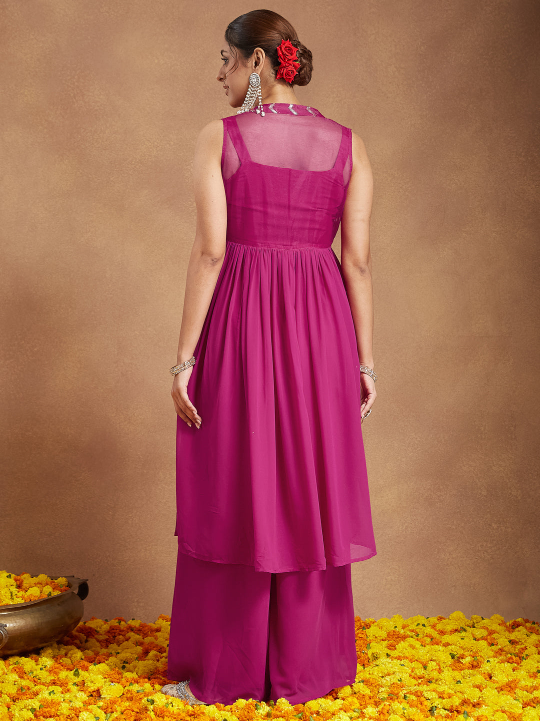 Janasya Women's Pink Georgette Sequined Front Slit Kurta With Crop Top Palazzo Set - qivii