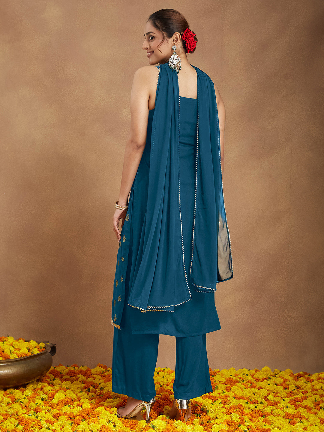 Janasya Women's Teal Blue Rayon Embellished Gold Printed Straight Kurta Set - qivii