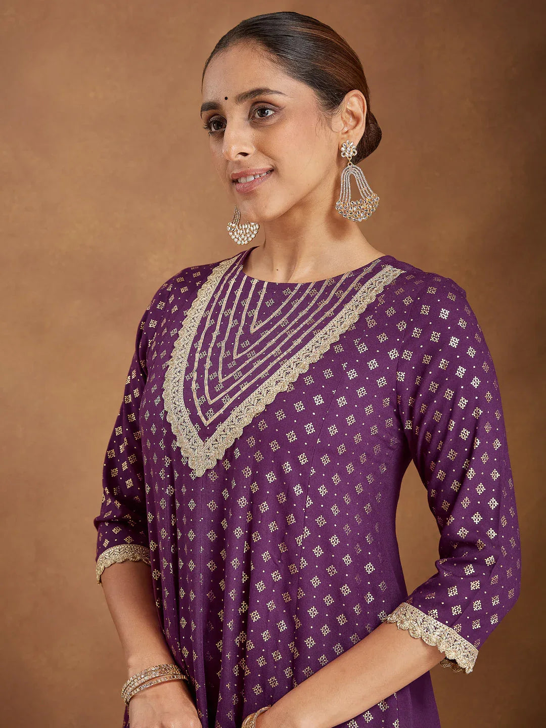 Janasya Women's Purple Rayon Embellished Gold Printed Anarkali Kurta Set