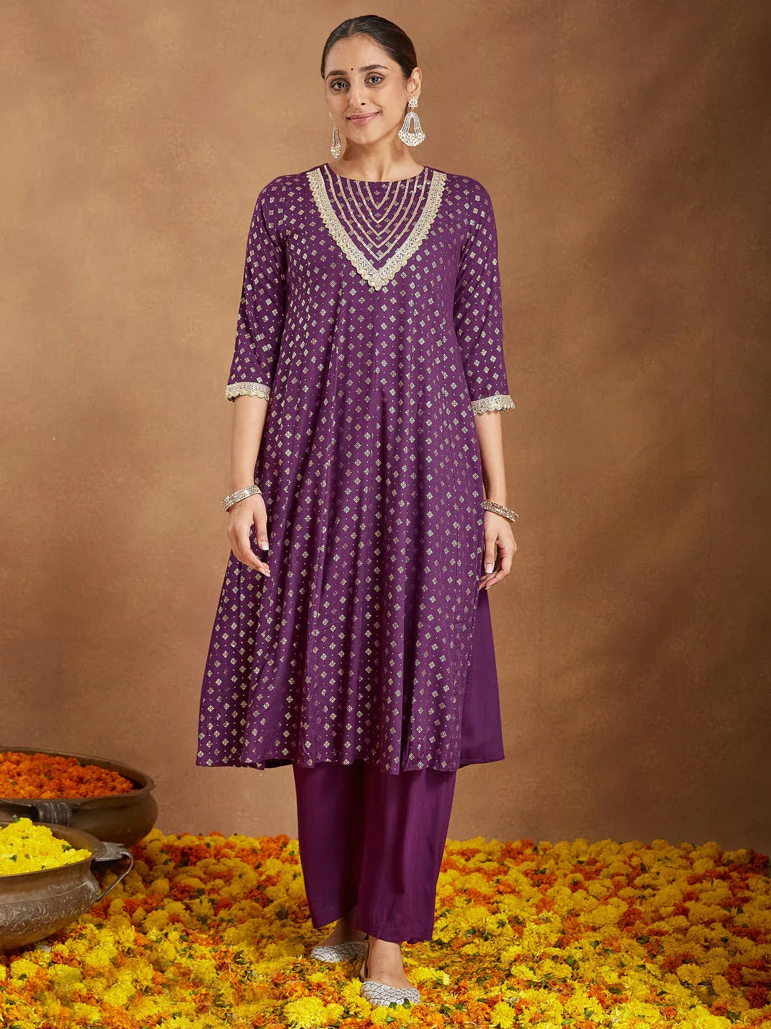 Janasya Women's Purple Rayon Embellished Gold Printed Anarkali Kurta Set