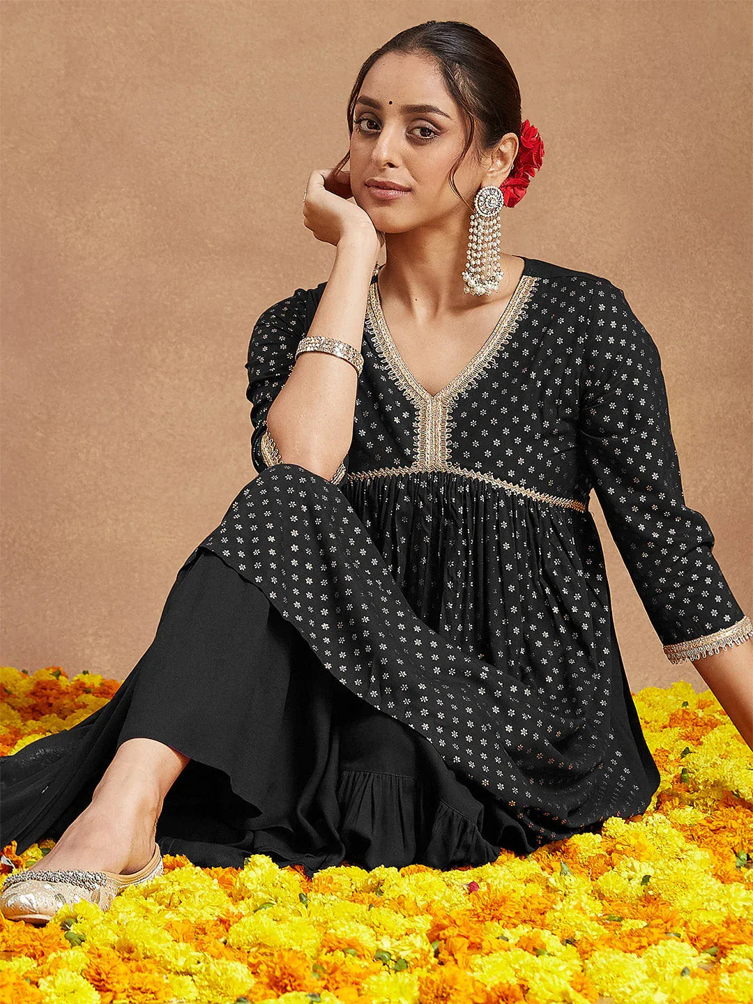 Janasya Women's Black Rayon Foil Printed A-line Kurta With Sharara & Dupatta Set