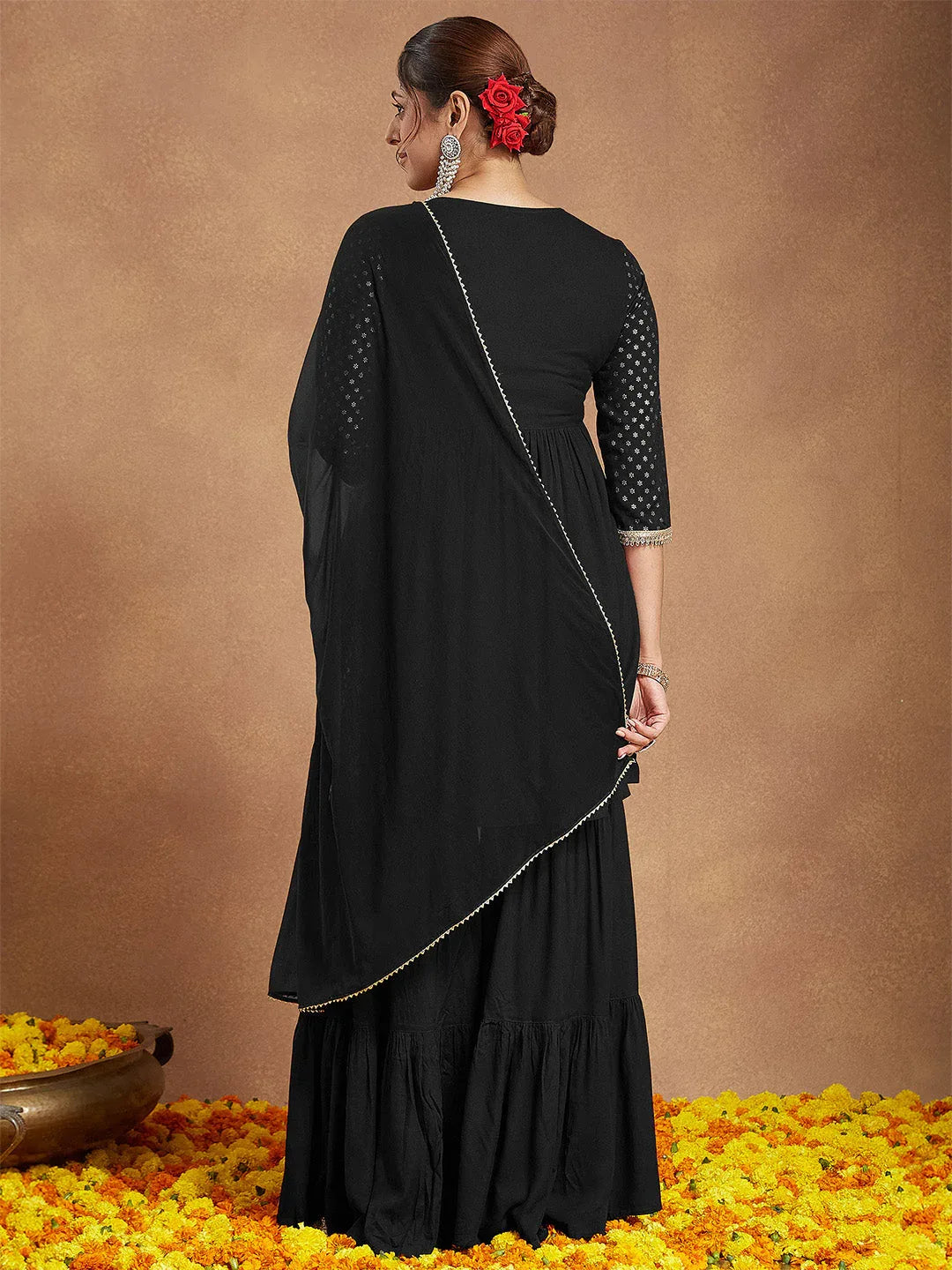 Janasya Women's Black Rayon Foil Printed A-line Kurta With Sharara & Dupatta Set