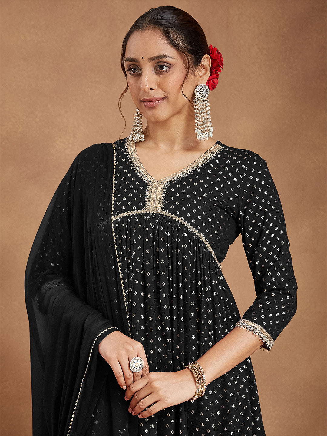 Janasya Women's Black Rayon Foil Printed A-line Kurta With Sharara & Dupatta Set - qivii