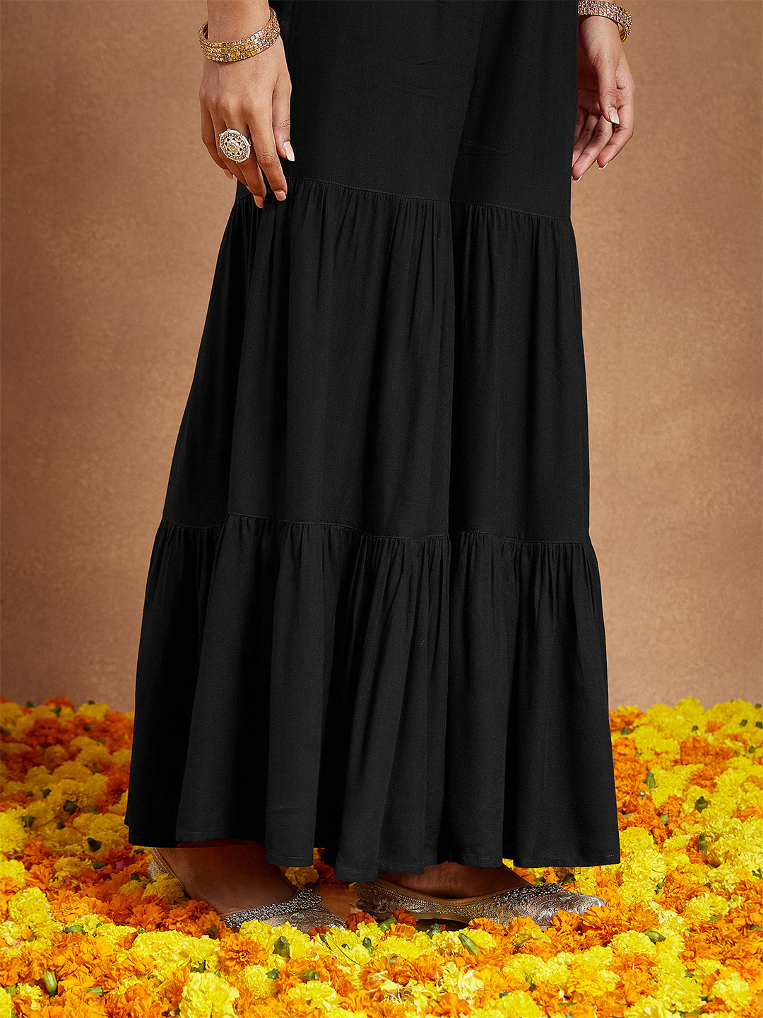 Janasya Women's Black Rayon Foil Printed A-line Kurta With Sharara & Dupatta Set - qivii