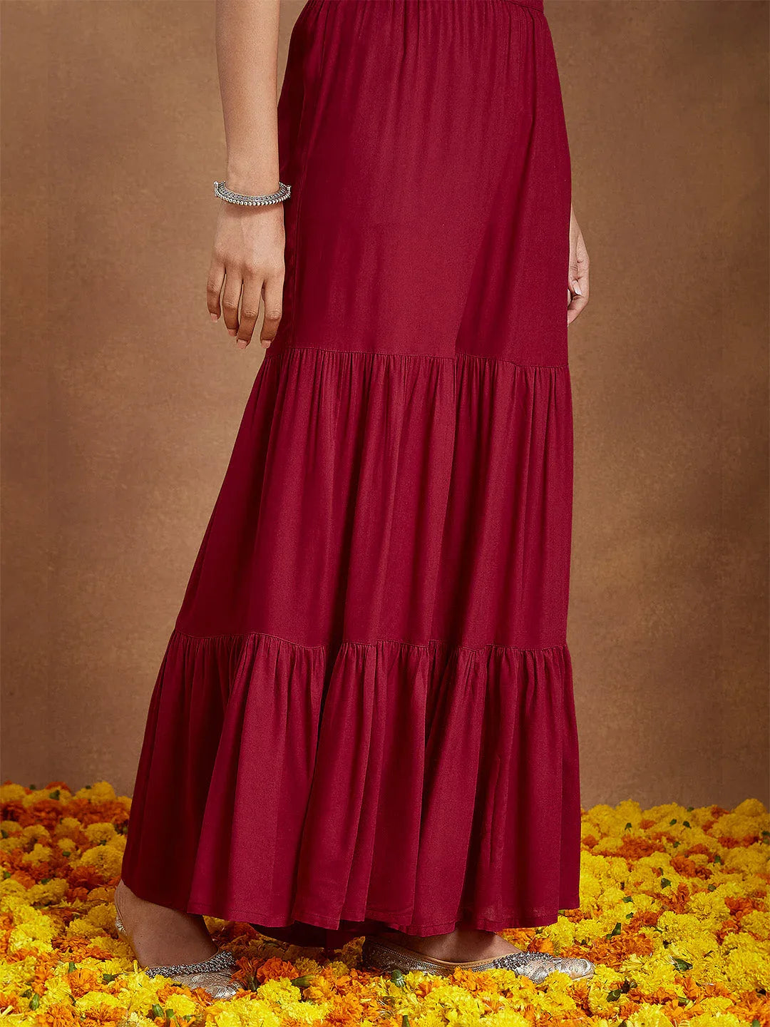 Janasya Women's Maroon Rayon Foil Printed Embellished A-line Kurta With Sharara & Dupatta Set