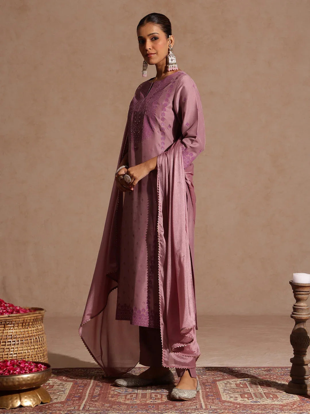 Janasya Women's Purple Silk Blend Embellished Zari Printed Straight Kurta Set