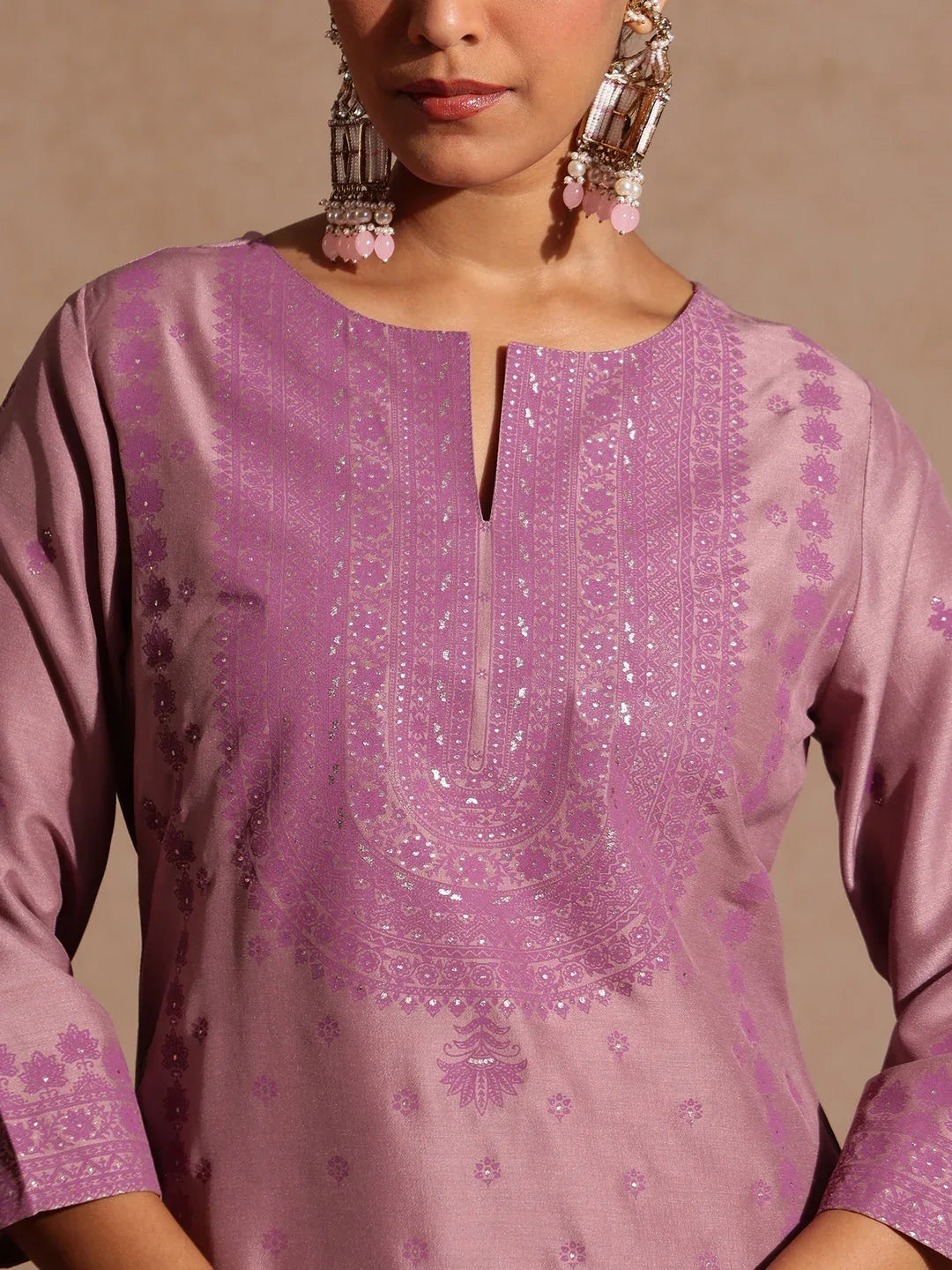 Janasya Women's Purple Silk Blend Embellished Zari Printed Straight Kurta Set