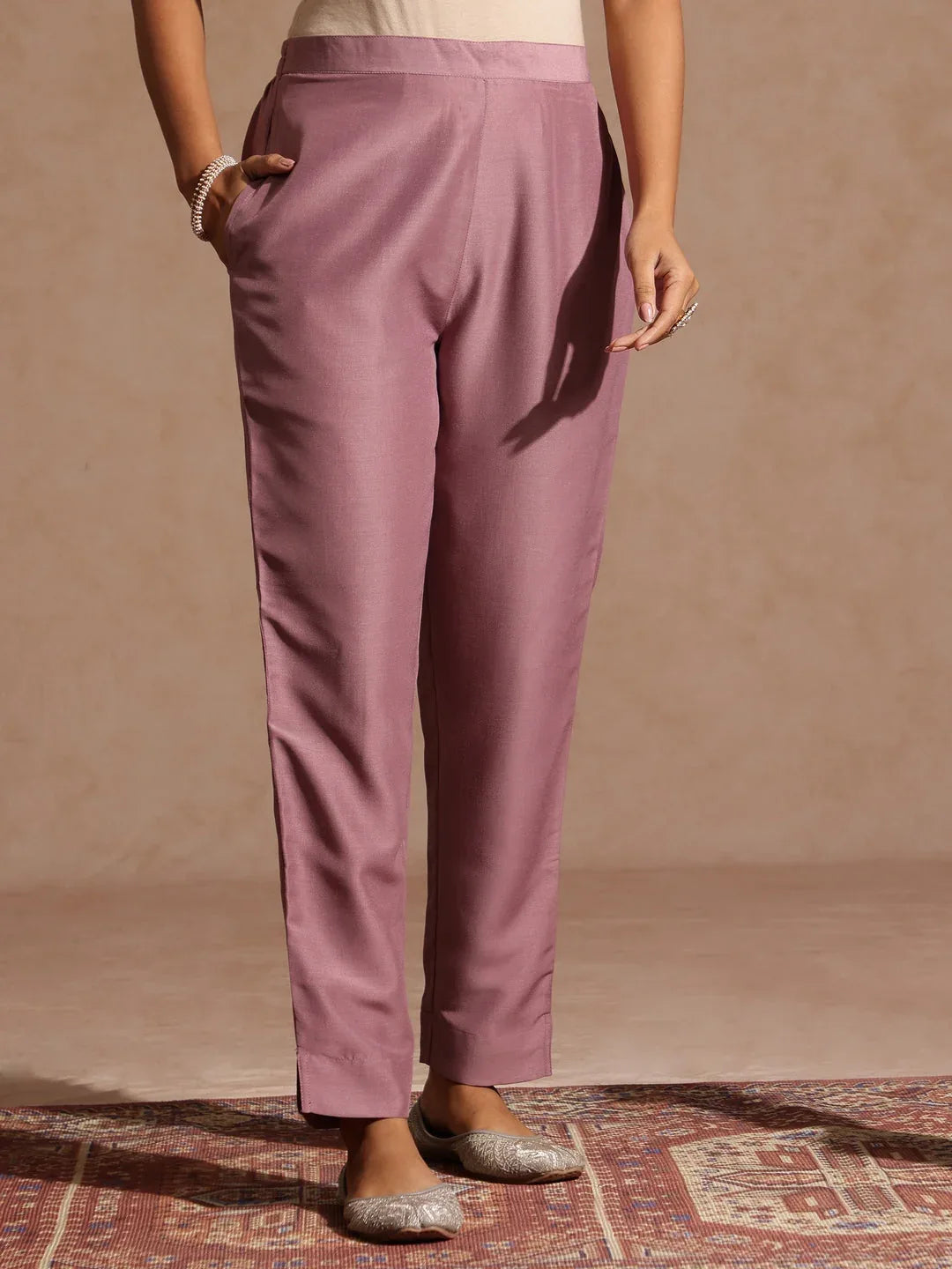 Janasya Women's Purple Silk Blend Embellished Zari Printed Straight Kurta Set