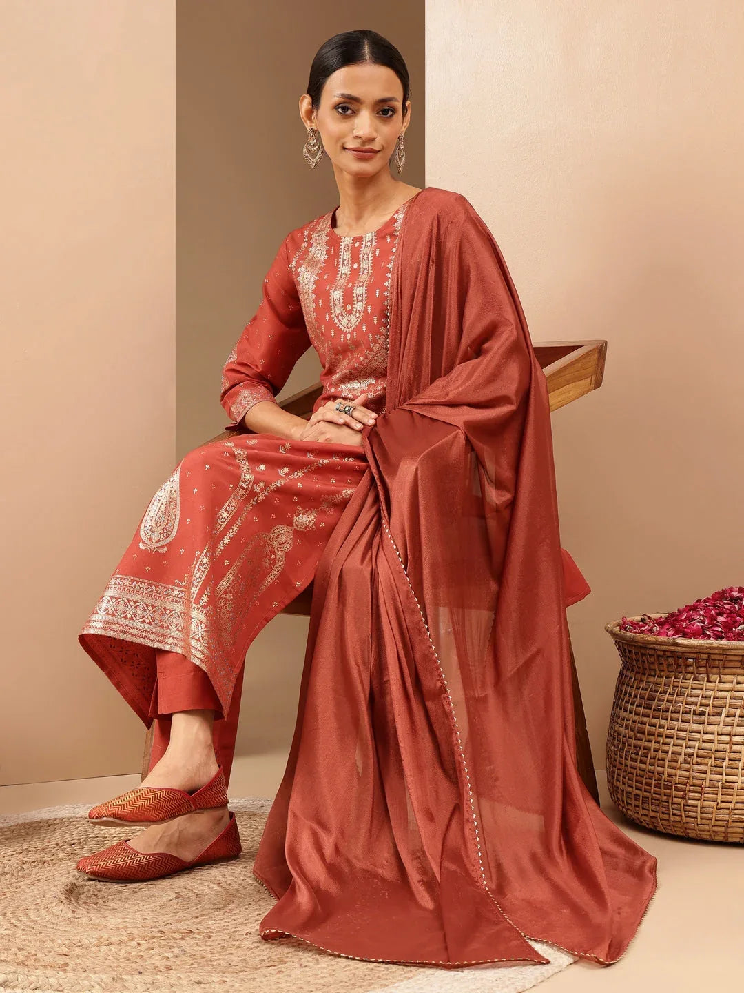 Janasya Women's Rust Silk Blend Ethnic Gold Printed Straight Kurta Set