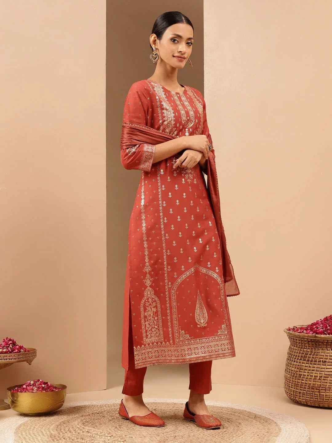 Janasya Women's Rust Silk Blend Ethnic Gold Printed Straight Kurta Set