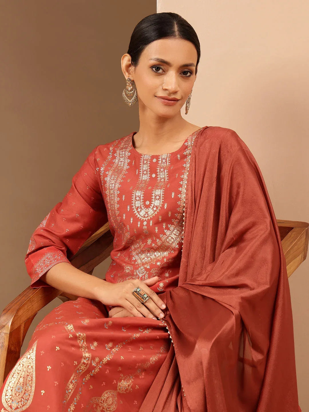 Janasya Women's Rust Silk Blend Ethnic Gold Printed Straight Kurta Set