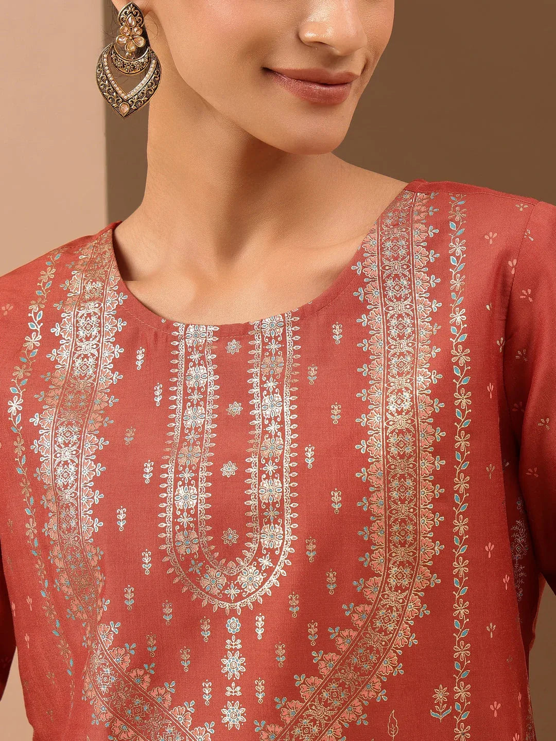 Janasya Women's Rust Silk Blend Ethnic Gold Printed Straight Kurta Set
