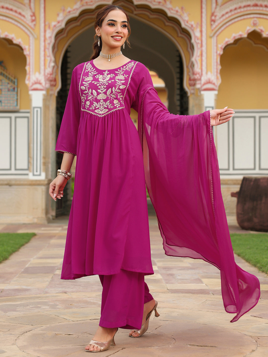 Janasya Women's Pink Georgette Embroidered A-line Kurta With Palazzo Dupatta Set - qivii
