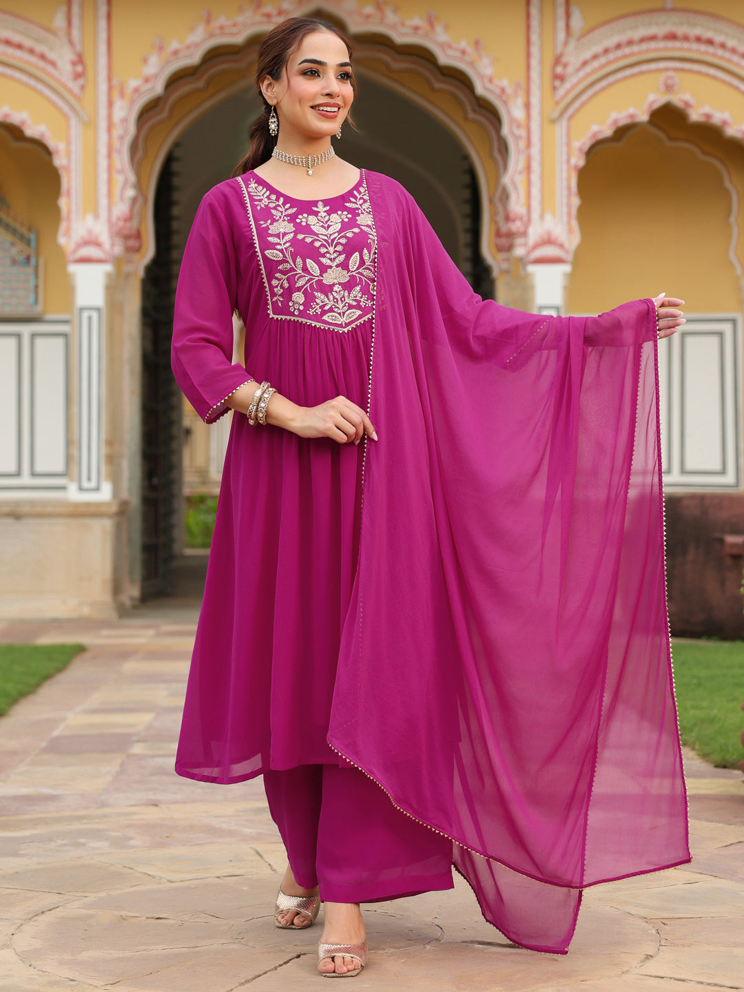 Janasya Women's Pink Georgette Embroidered A-line Kurta With Palazzo Dupatta Set - qivii