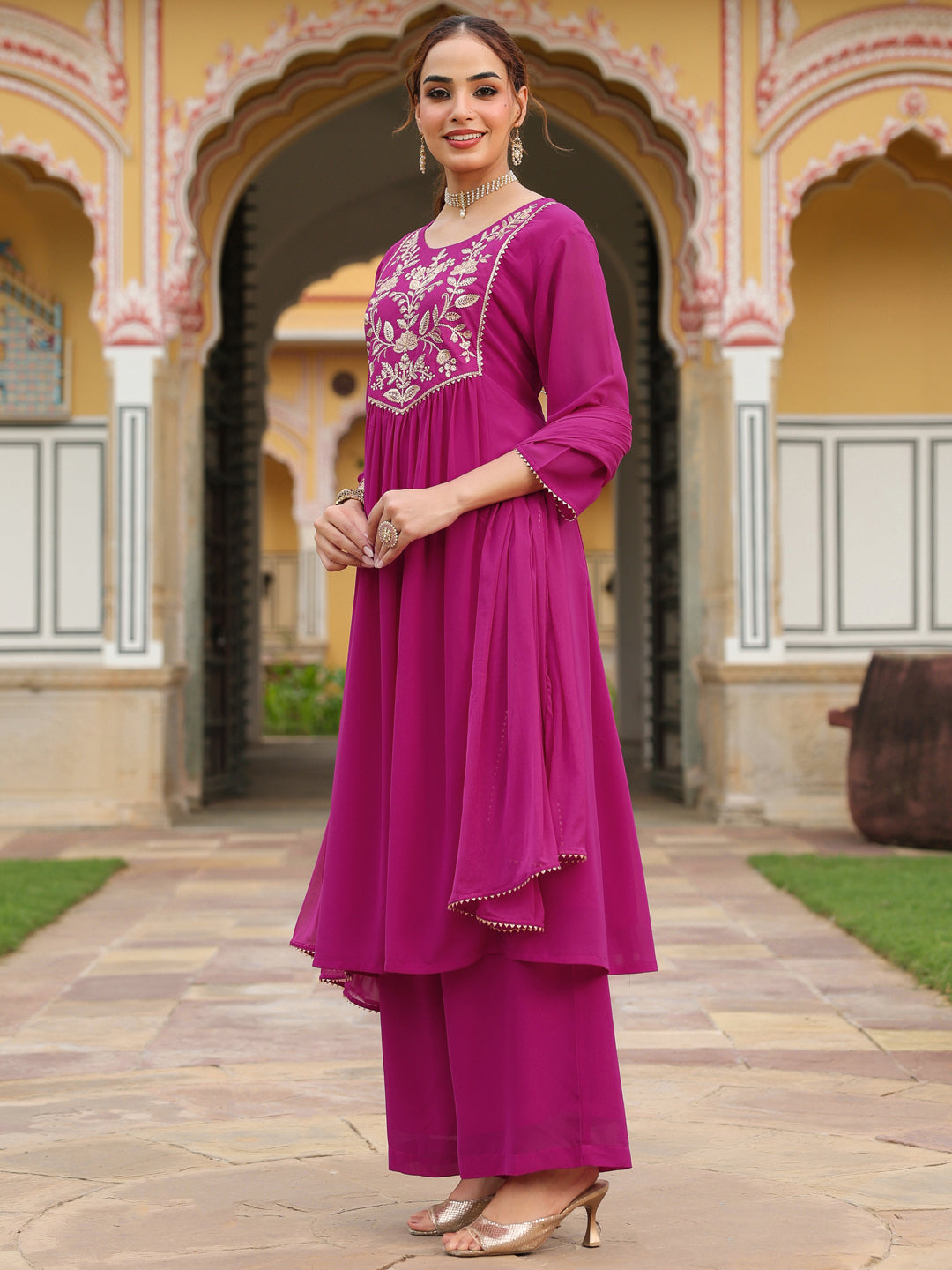 Janasya Women's Pink Georgette Embroidered A-line Kurta With Palazzo Dupatta Set - qivii