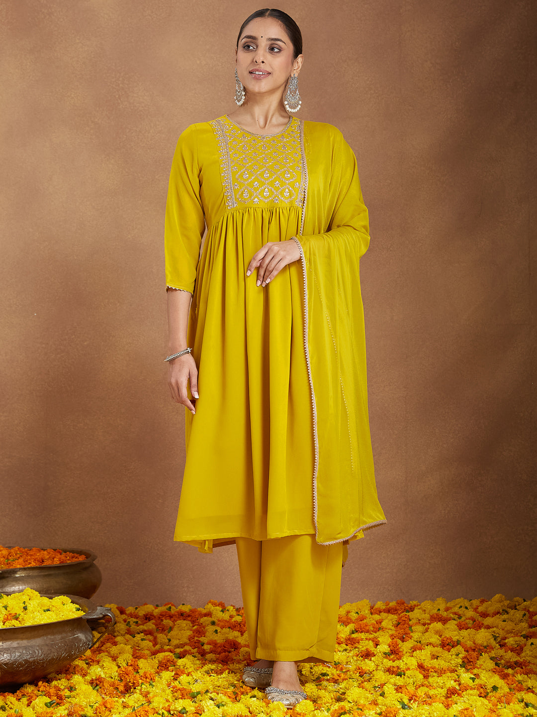 Janasya Women's Mustard Georgette Zari Yoke Embroidery A-line Kurta With Palazzo & Dupatta Set - qivii