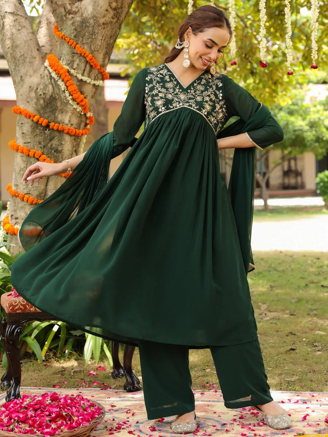 Janasya Women's Bottle Green Georgette Zari Yoke Embroidered A-line Kurta Set