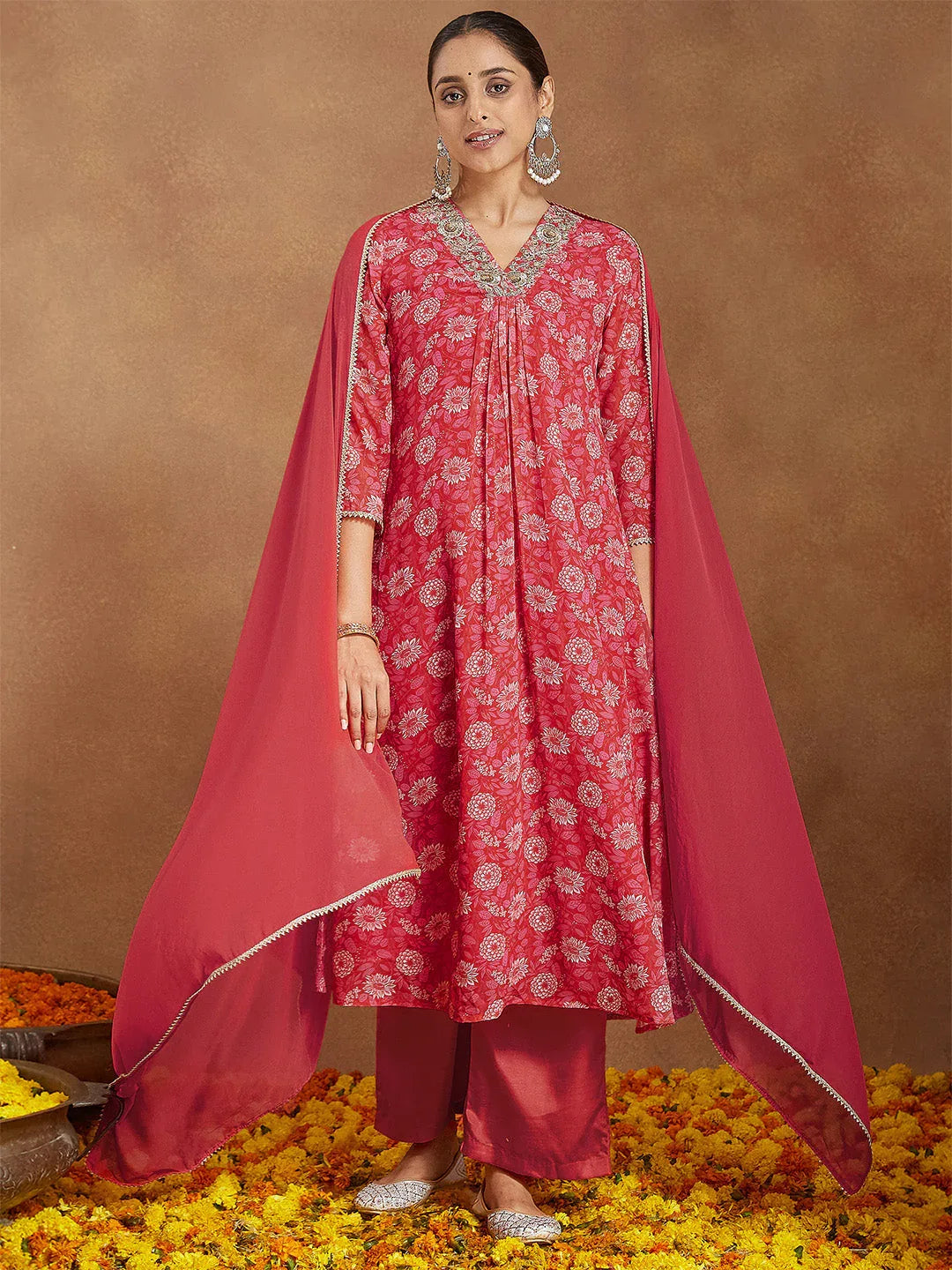 Janasya Women's Red Georgette Embellished Floral Printed A-line Kurta Set