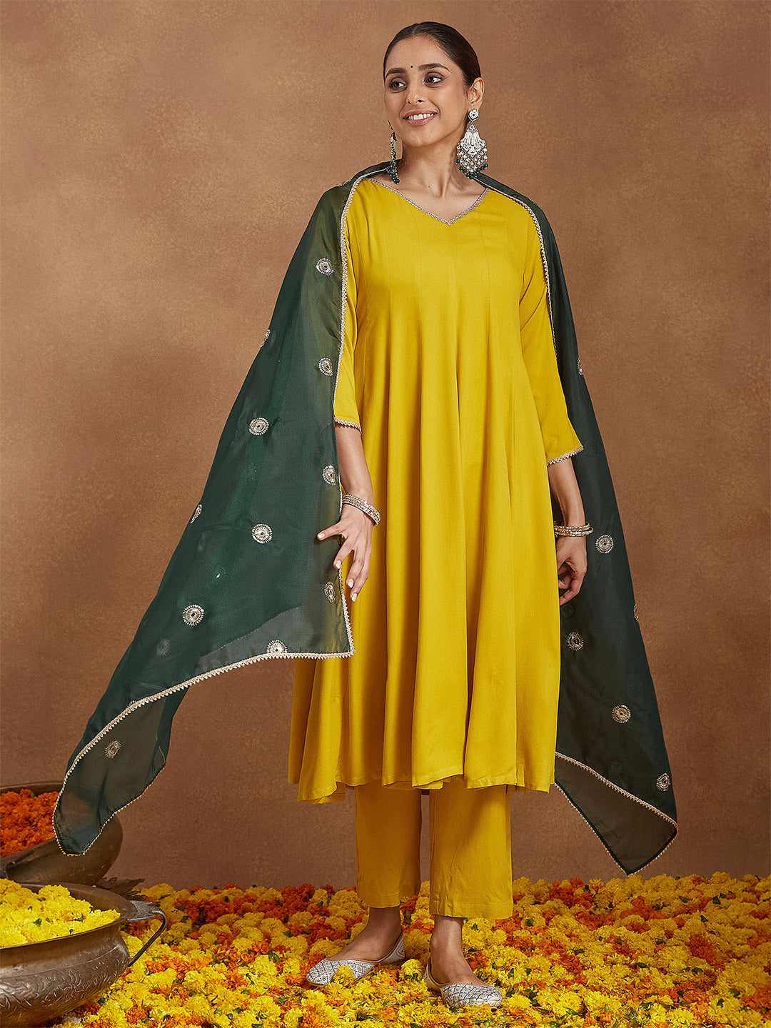 Janasya Women Mustard Yellow Rayon Embellished Anarkali Kurta Set With Green Dupatta - qivii