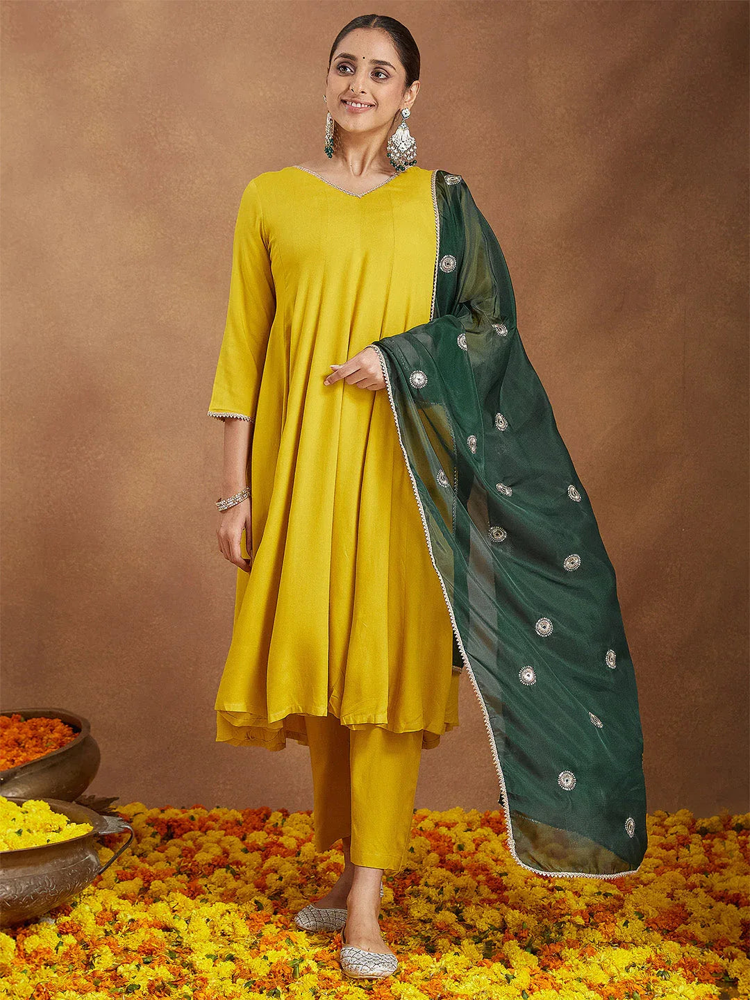 Janasya Women Mustard Yellow Rayon Embellished Anarkali Kurta Set With Green Dupatta