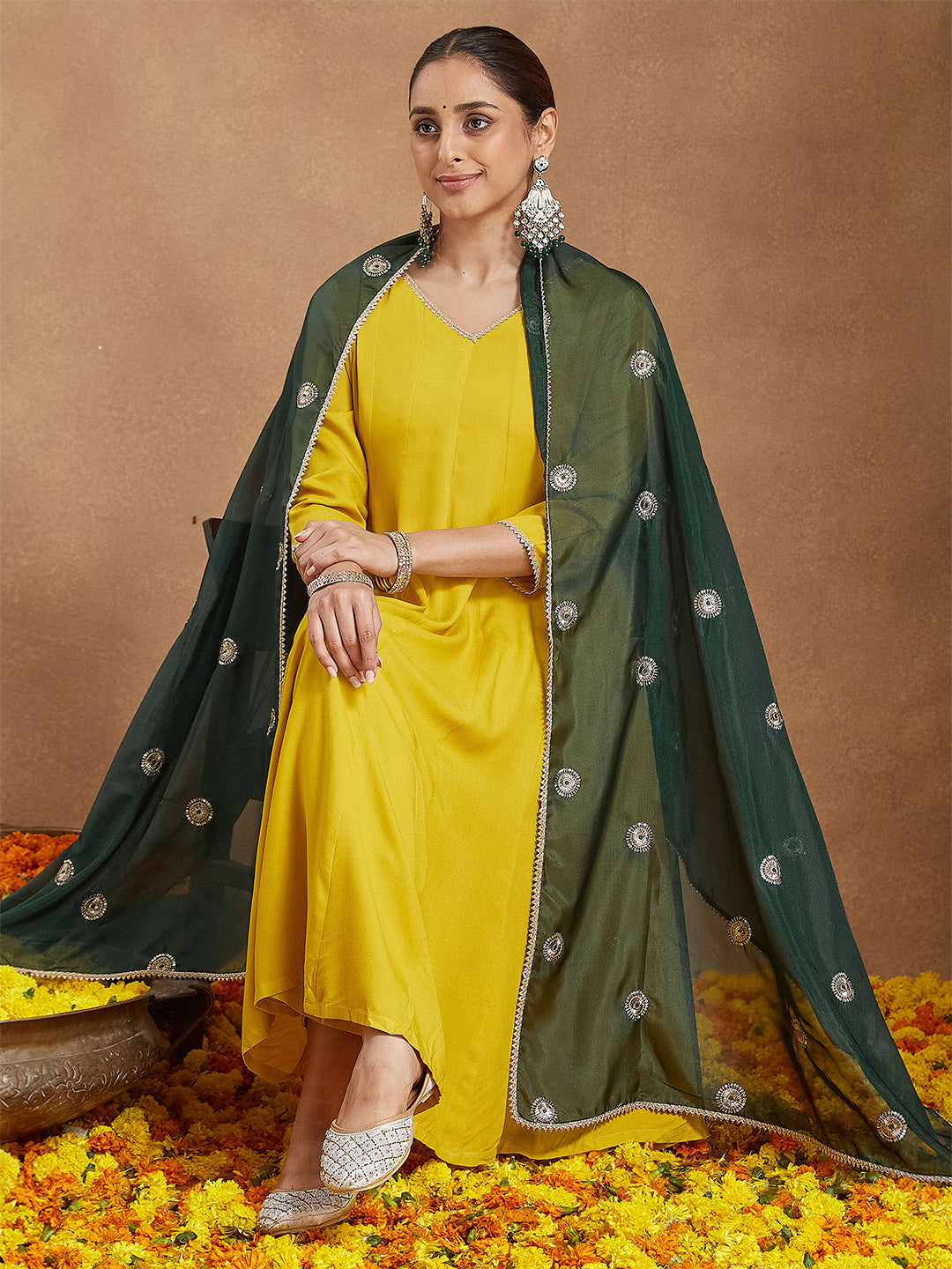 Janasya Women Mustard Yellow Rayon Embellished Anarkali Kurta Set With Green Dupatta - qivii
