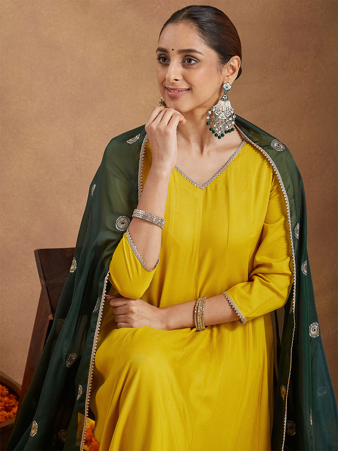 Janasya Women Mustard Yellow Rayon Embellished Anarkali Kurta Set With Green Dupatta - qivii