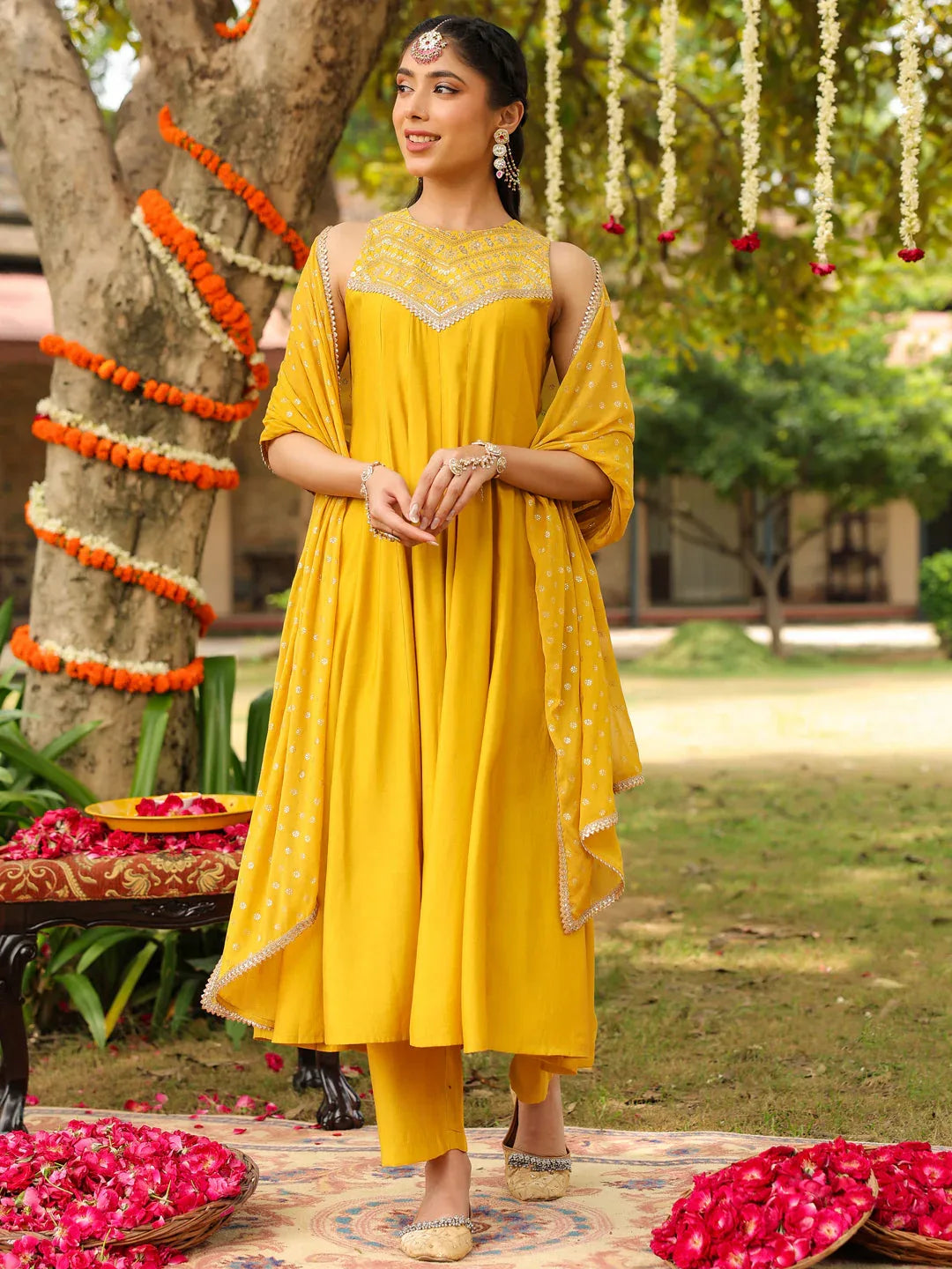 Janasya Women Yellow Chanderi Silk Embellished Anarkali Kurta Set With Dupatta