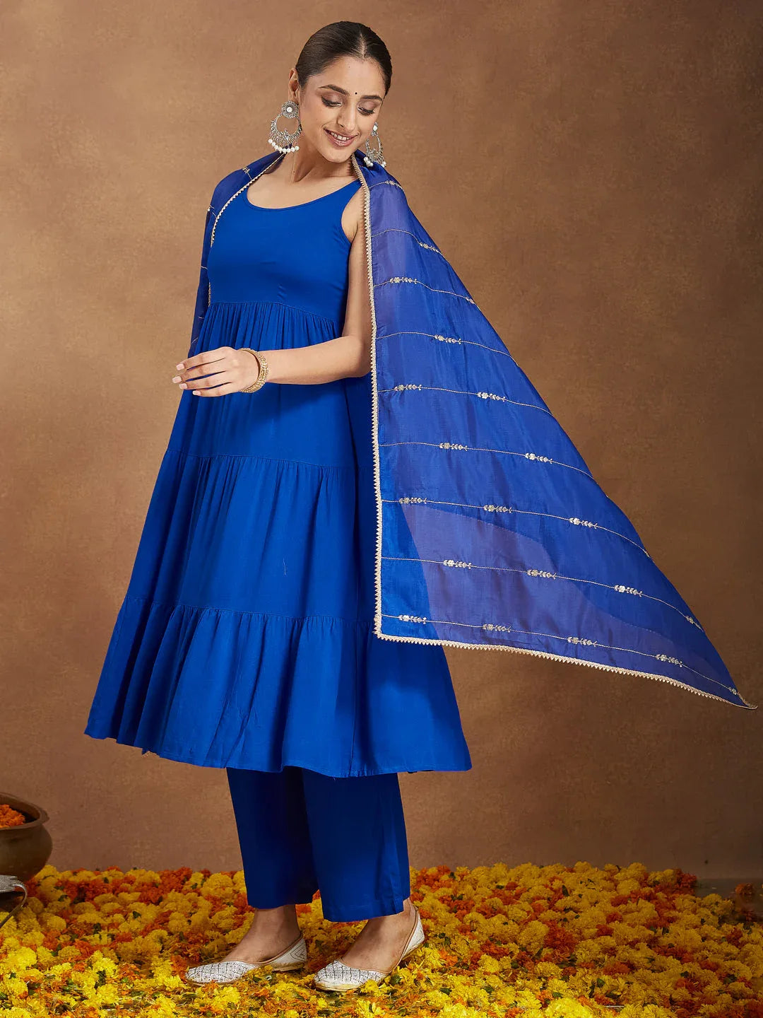 Janasya Women's Royal Blue Rayon Embellished Tiered Kurta Set With Dupatta