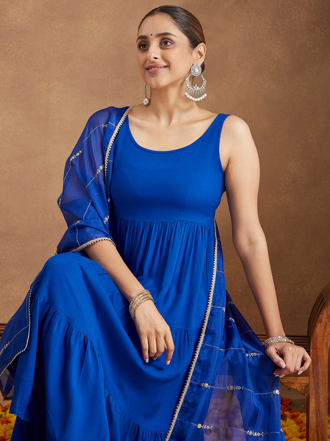 Janasya Women's Royal Blue Rayon Embellished Tiered Kurta Set With Dupatta - qivii