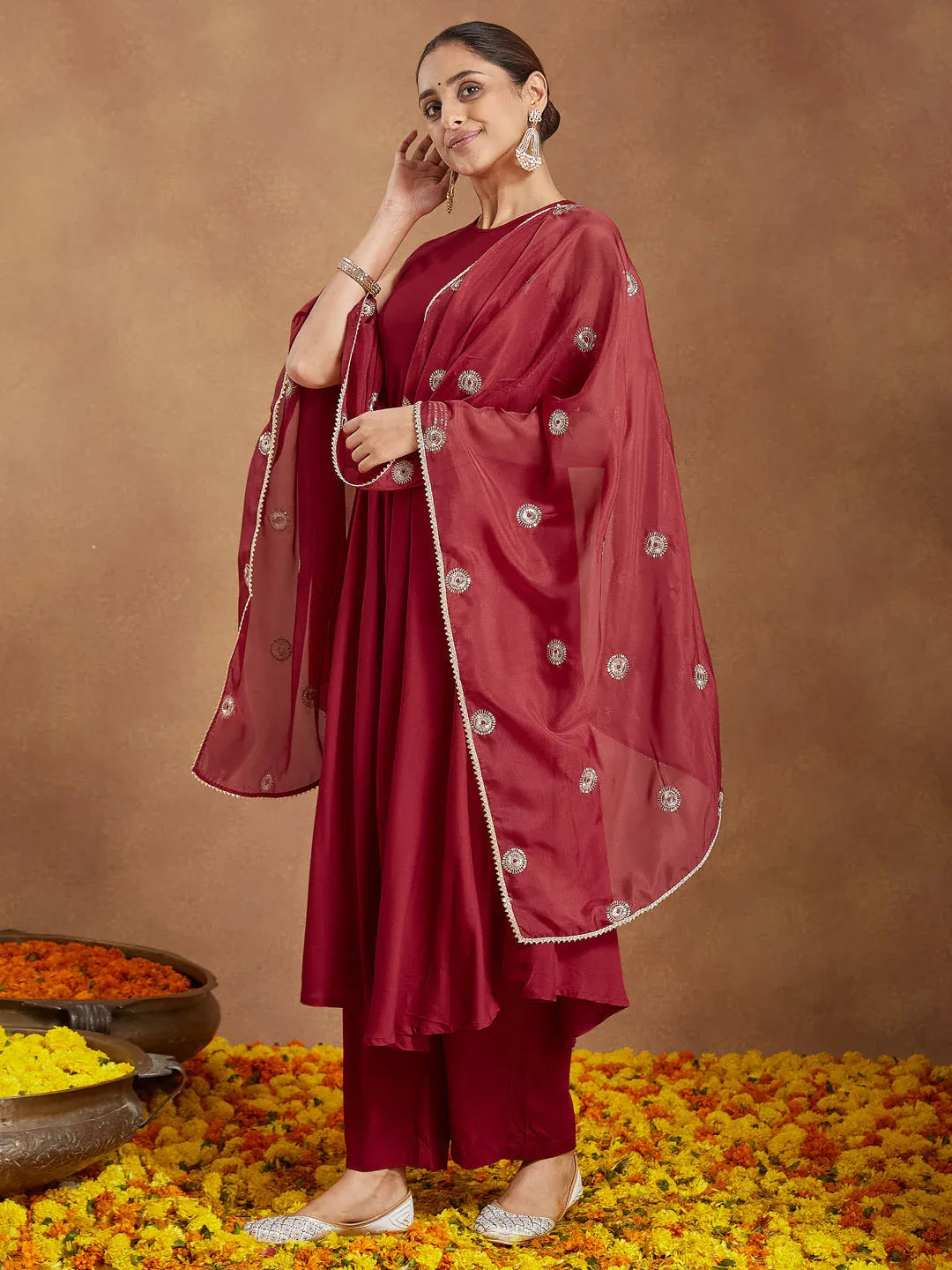 Janasya Women's Maroon Rayon Embellished A-line Flared Kurta Set