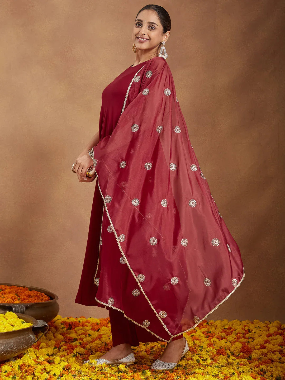 Janasya Women's Maroon Rayon Embellished A-line Flared Kurta Set